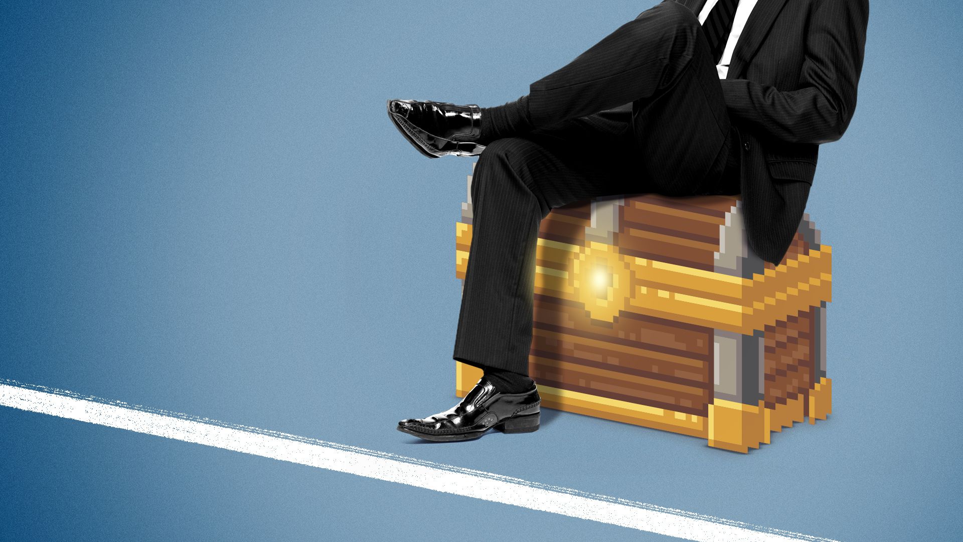 Illustration of a business person sitting on a pixelated treasure chest on the sidelines. 