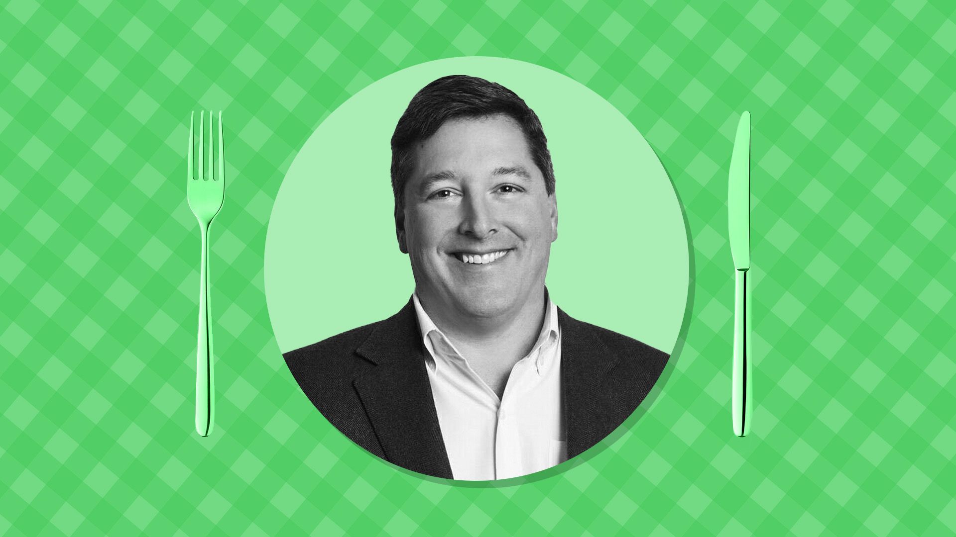 Photo illustration of Global Chief Revenue Officer of DAZN Group and President of DAZN US Walker Jacobs with a plate, knife, and fork