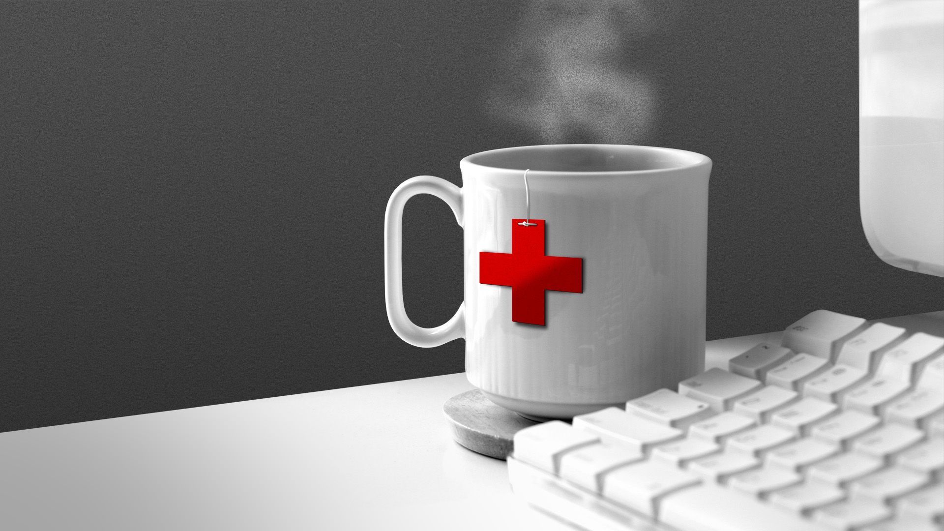 Illustration of a cup of tea at a computer desk with a red cross for the teabag