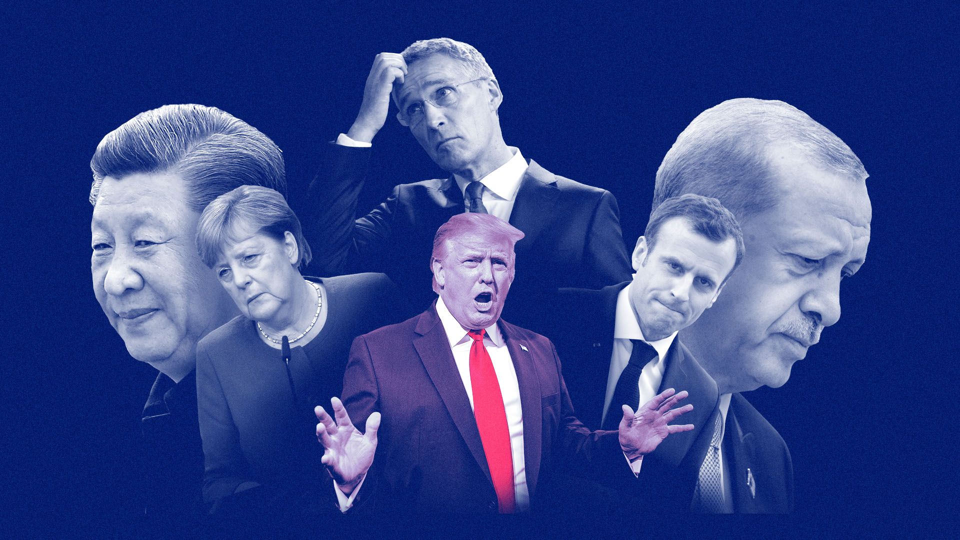 Photo illustration of Donald Trump surrounded by Xi Jinping, Angela Merkel, NATO Secretary General Jens Stoltenberg, Emmanuel Macron, and Recep Tayyip Erdogan
