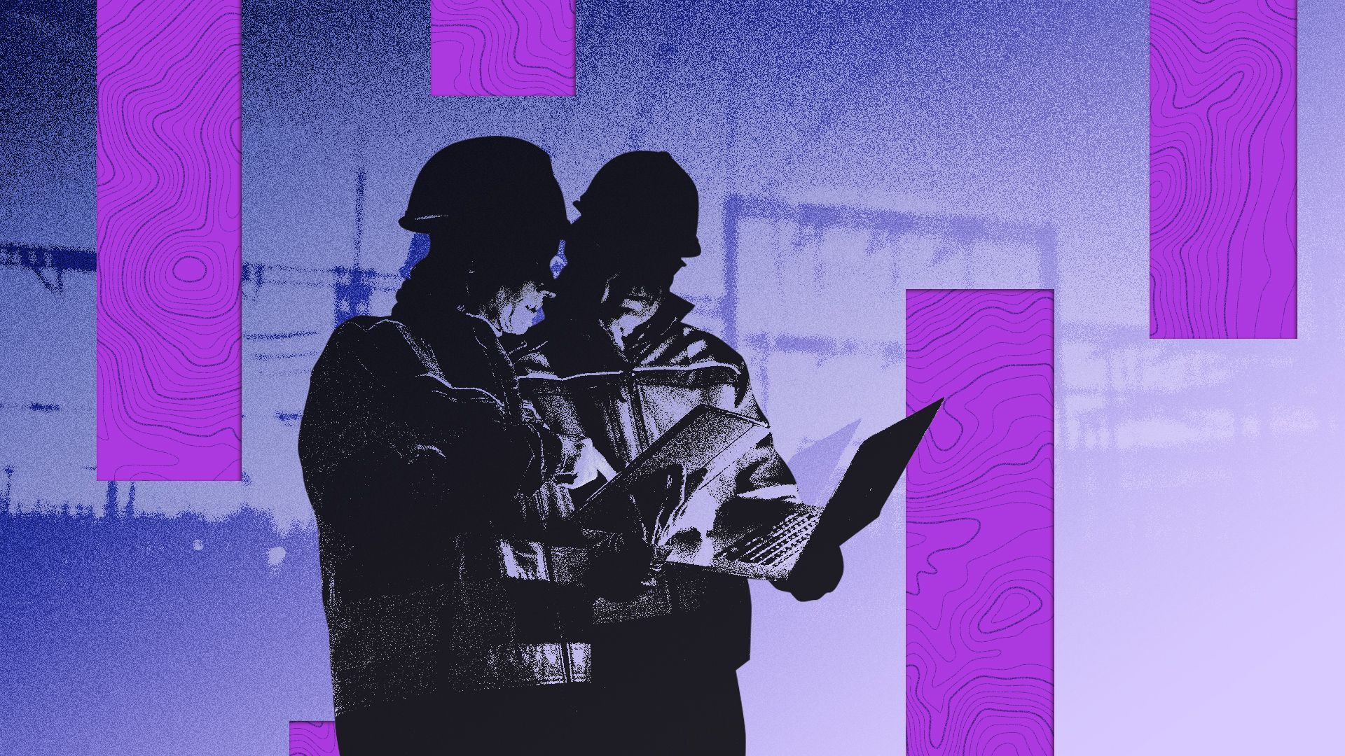 Illustrated collage of two people in the foreground reviewing a laptop with the faint outline of an electrical plant in the background, abstract topography shapes are all around.