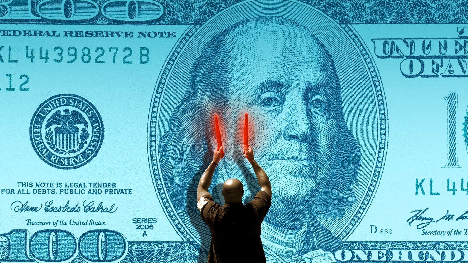 Illustration of an airplane ground crew member in front of a hundred dollar bill.