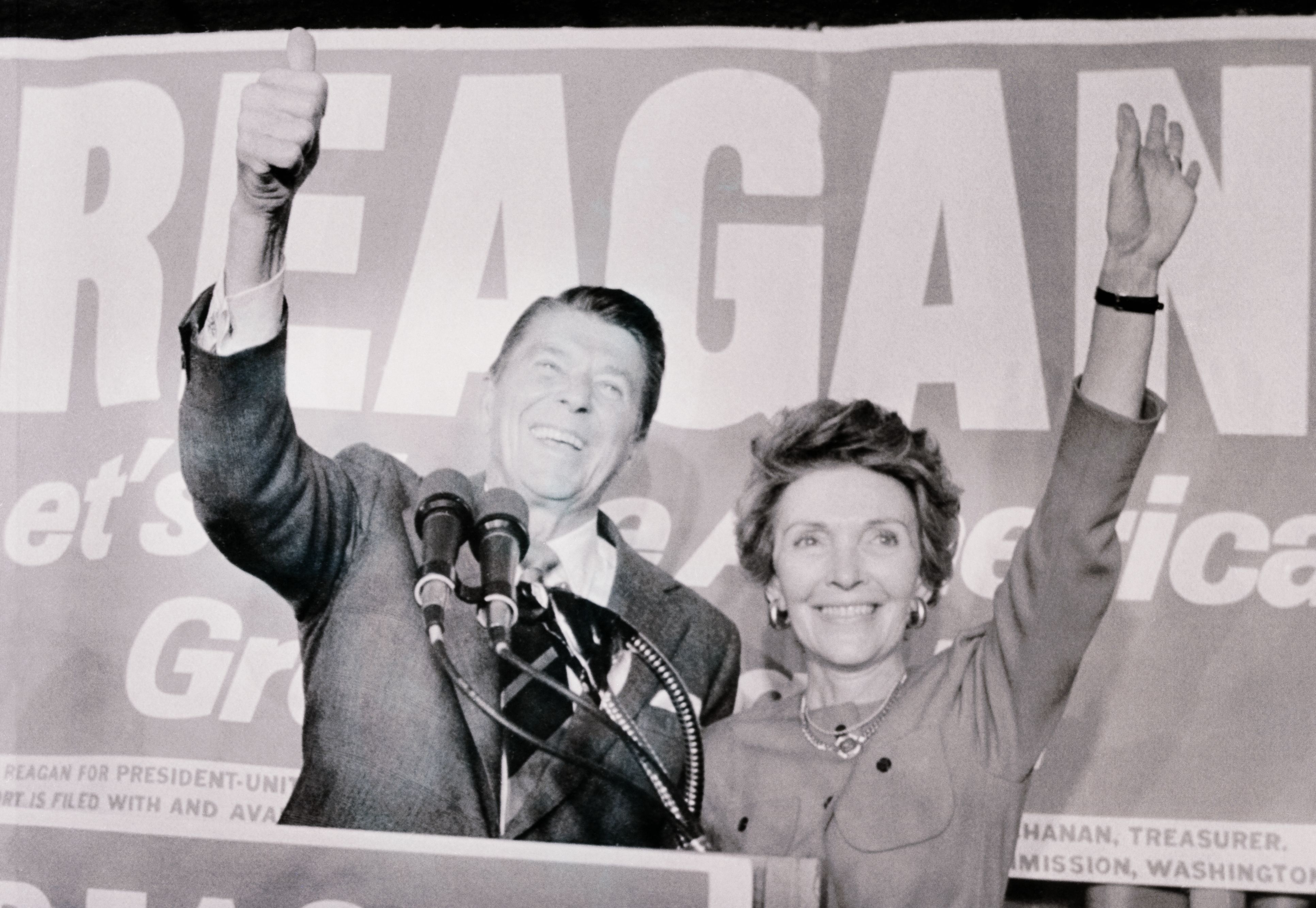 A black and white image of Ronald and Nancy Reagan