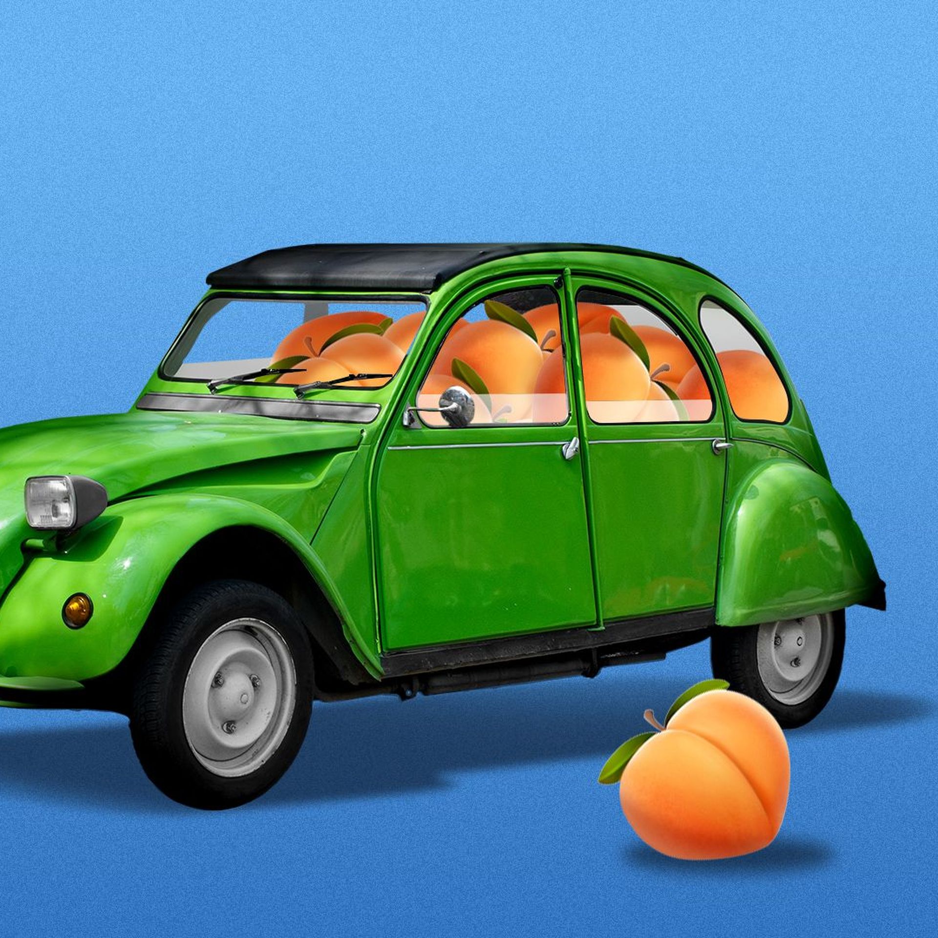 Illustration of a car full of peach emojis with a few falling outside of the window. 