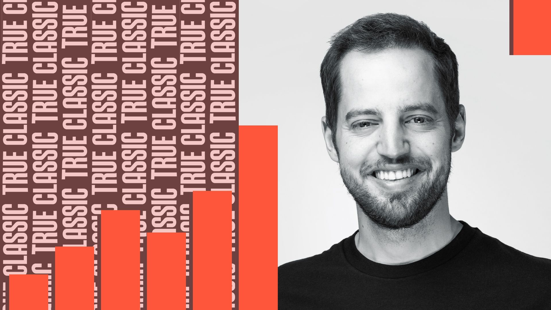 Photo illustration of Ben Yahalom surrounded by the True Classic logo and abstract bar charts. 