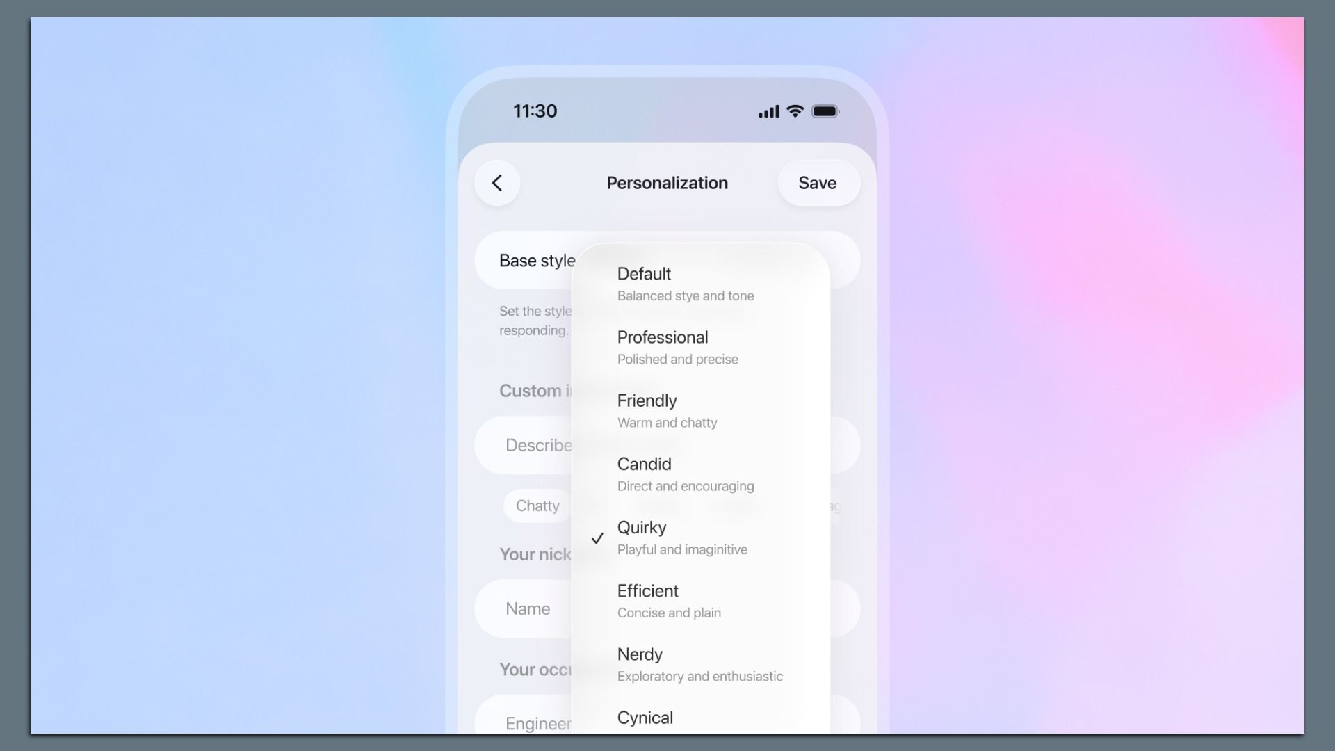 Screenshot of a mobile app Personalization screen with Base style options like Default, Professional, Friendly, Candid, Quirky (selected), Efficient, Nerdy, Cynical, on a blue and pink gradient background.