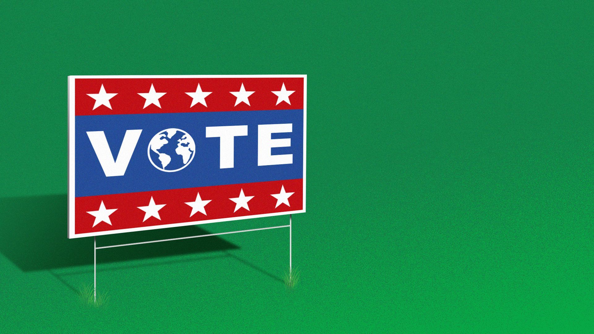 Illustration of a lawn sign that says "Vote," but the O is an earth. 