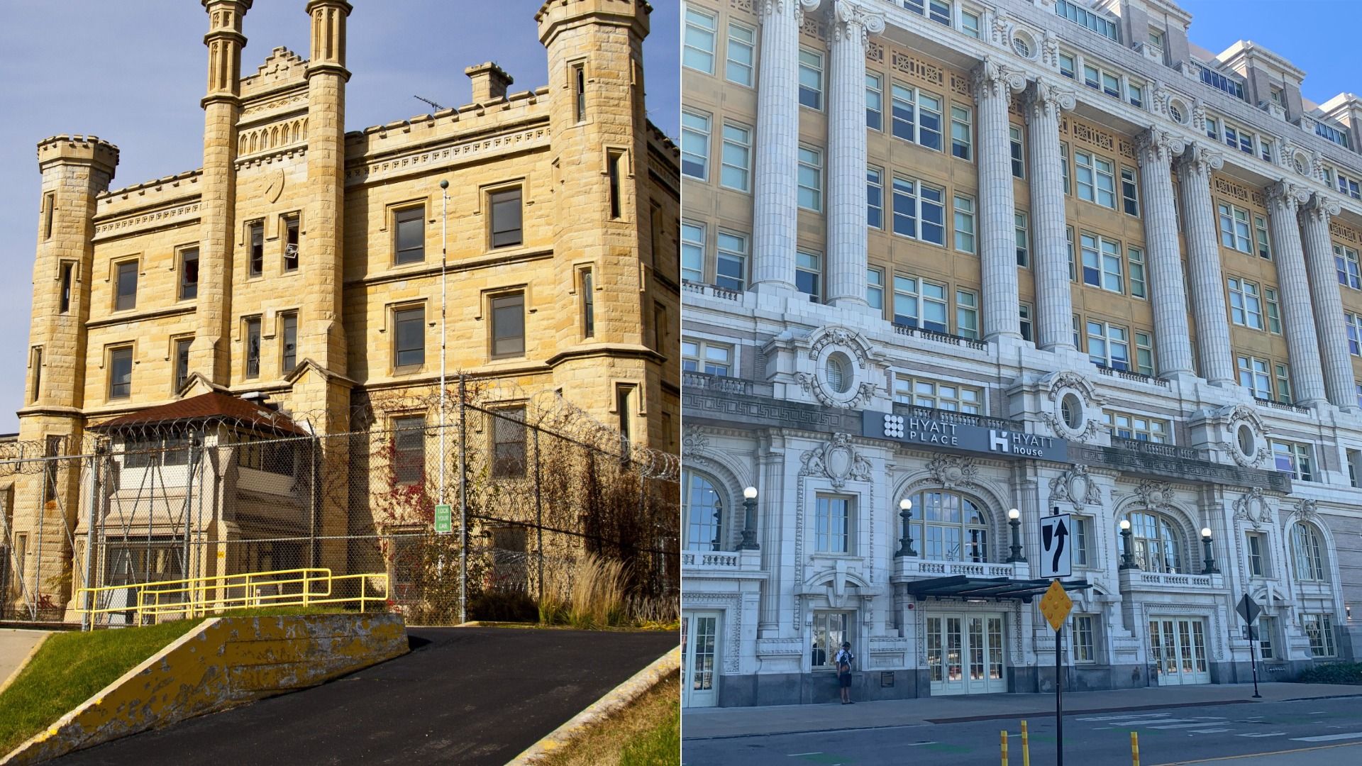 Split image: left a tan stone fortress-style building with towers and barbed fencing; right a grand Beaux-Arts hotel with tall columns, ornate stonework, and a Hyatt Place sign.
