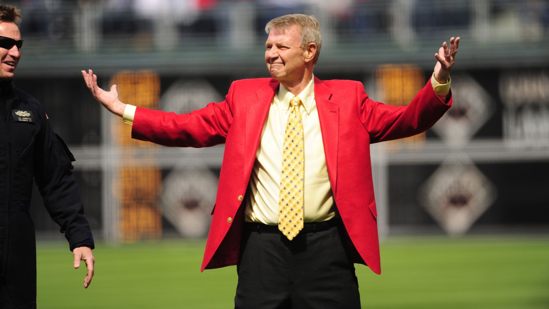 The late Phillies broadcaster Harry Kalas acknowledging the crowd before throwing out ceremonial first pitch at a Phillies game. 