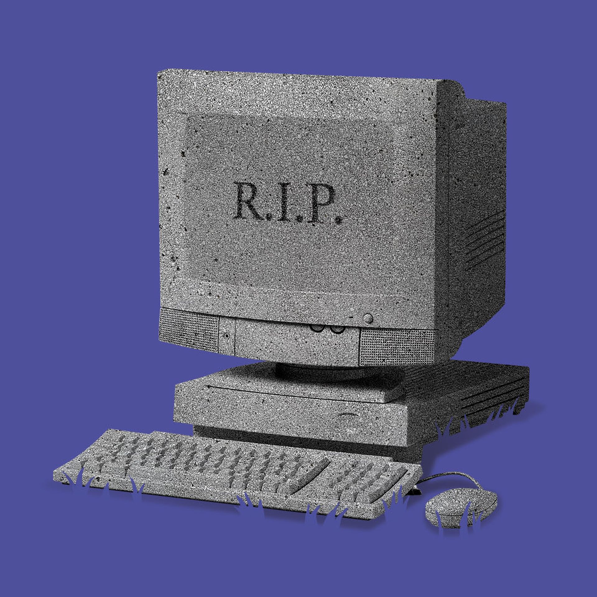 Illustration of a tombstone shaped like a computer