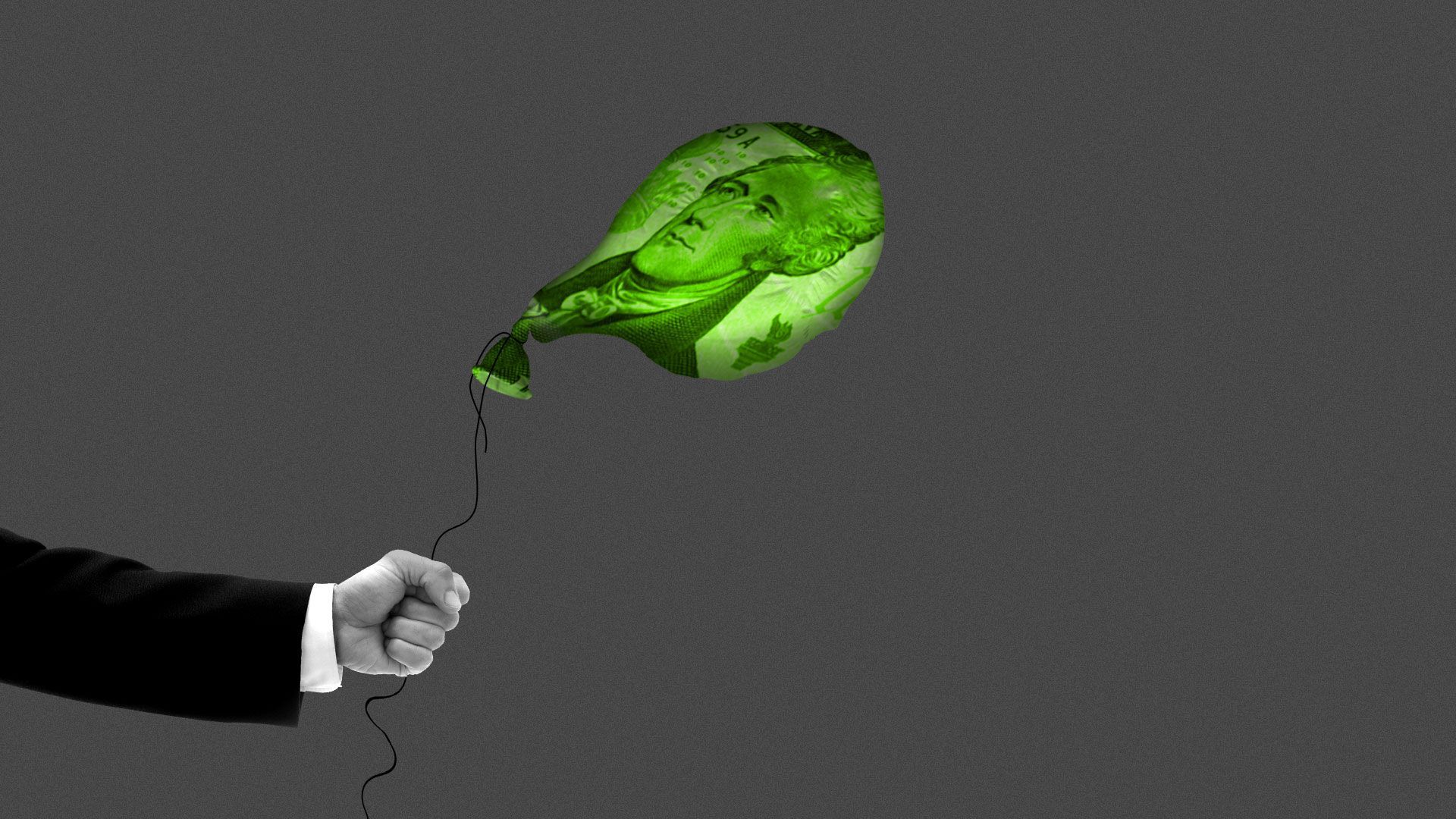 Illustration of suited hand holding a deflated money balloon