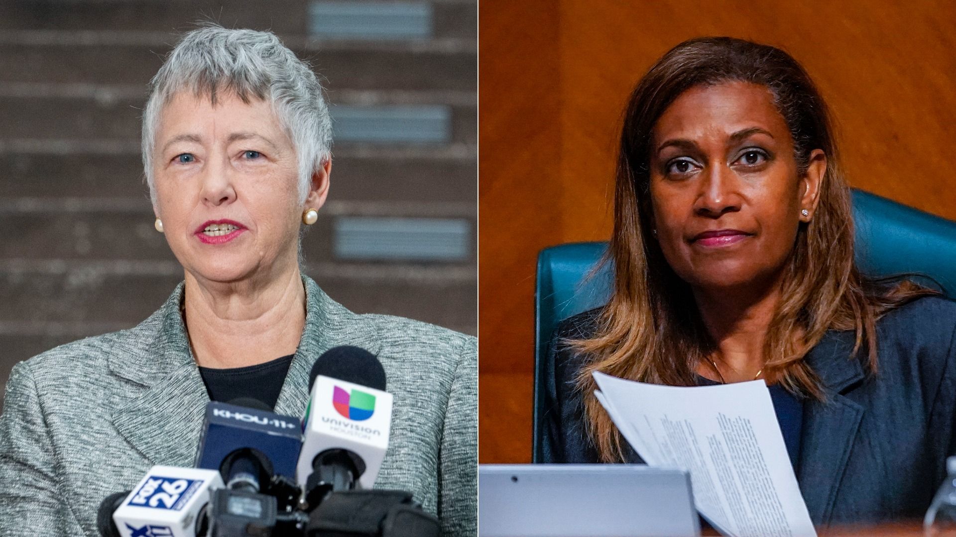Split image of two women; left is a gray-haired woman in a gray blazer speaking at microphones, right is a woman with brown hair holding papers sitting at a desk with a blue chair.