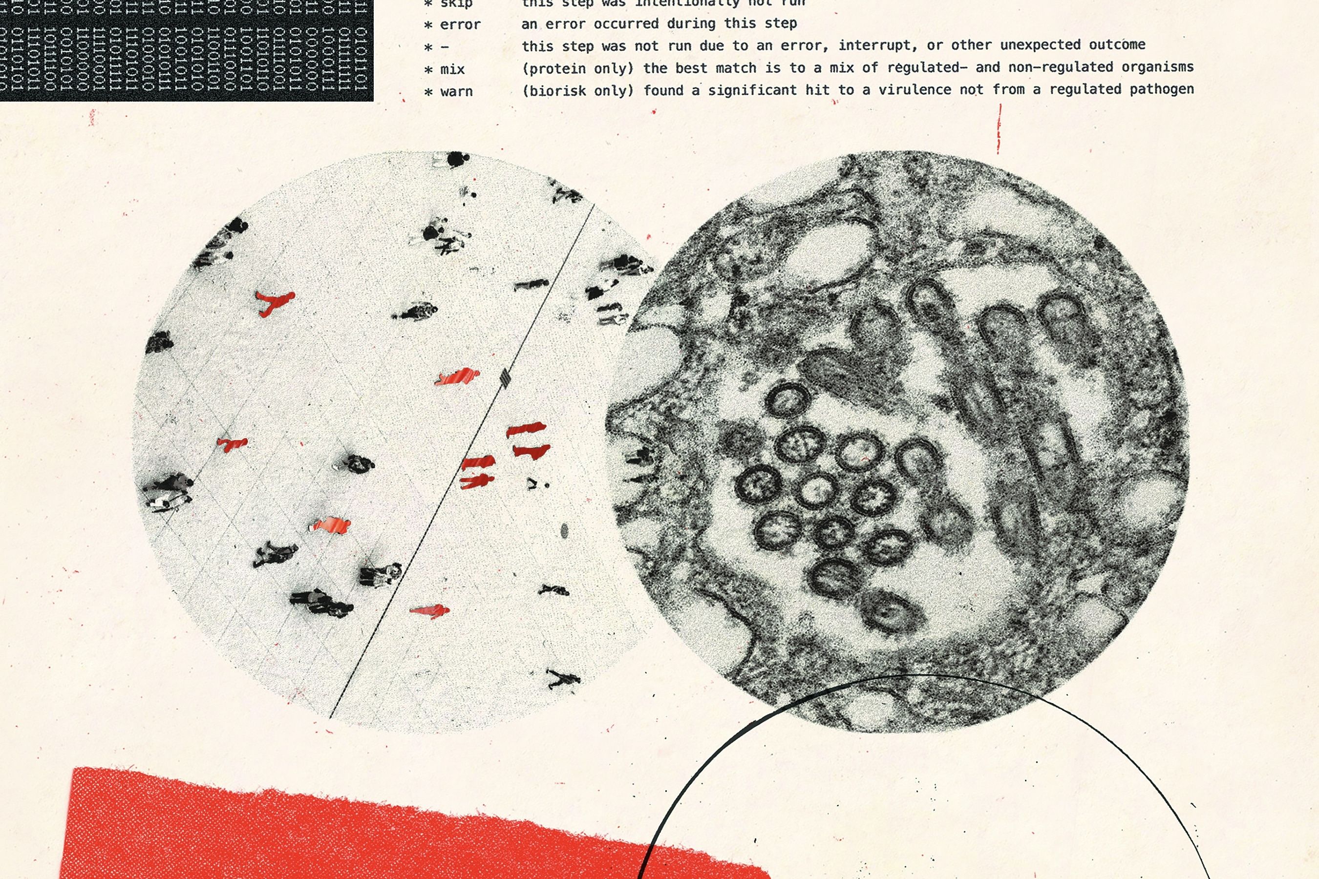 An illustrated collage showing a circular microscopic image of viruses and an overhead view of people walking in a plaza, overlaid with vertical lines of code.