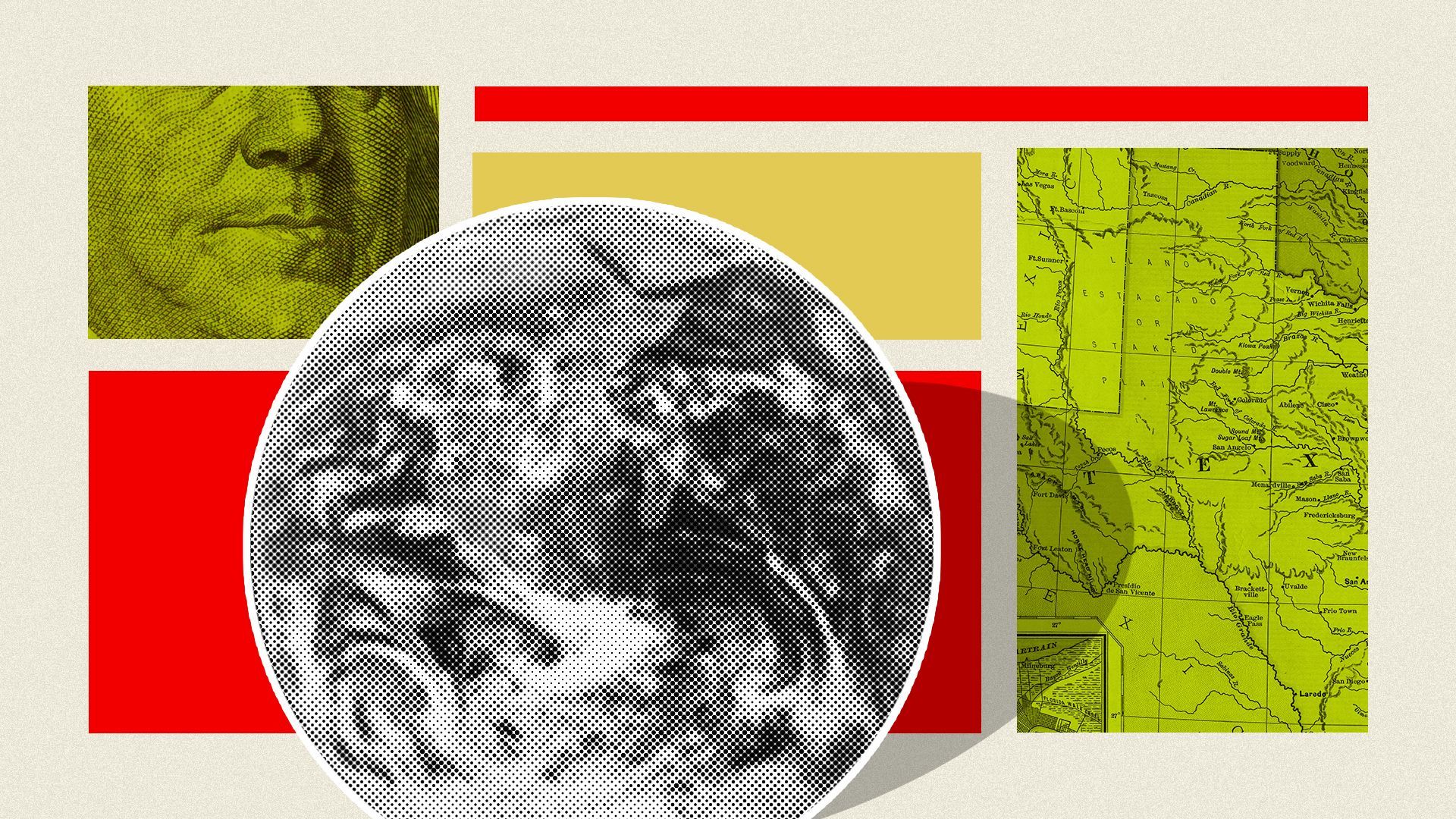 Illustration of a globe with geometric shapes with money and map overlays