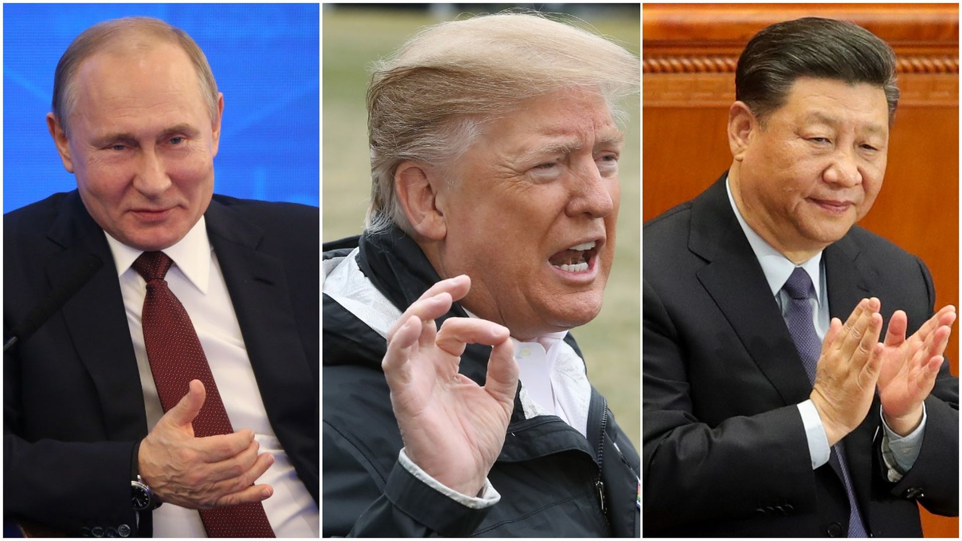 A three-way split screen of President Trump, Vladimir Putin and Xi Jinping. 