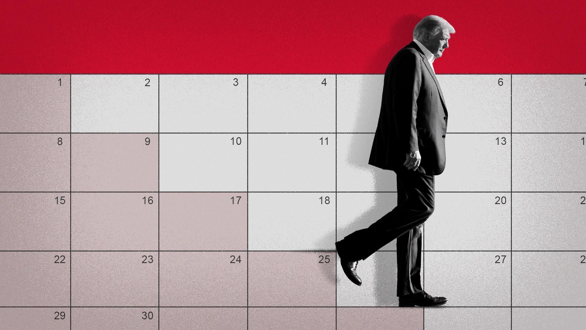 Illustration of Trump walking down a calendar like stairs. 
