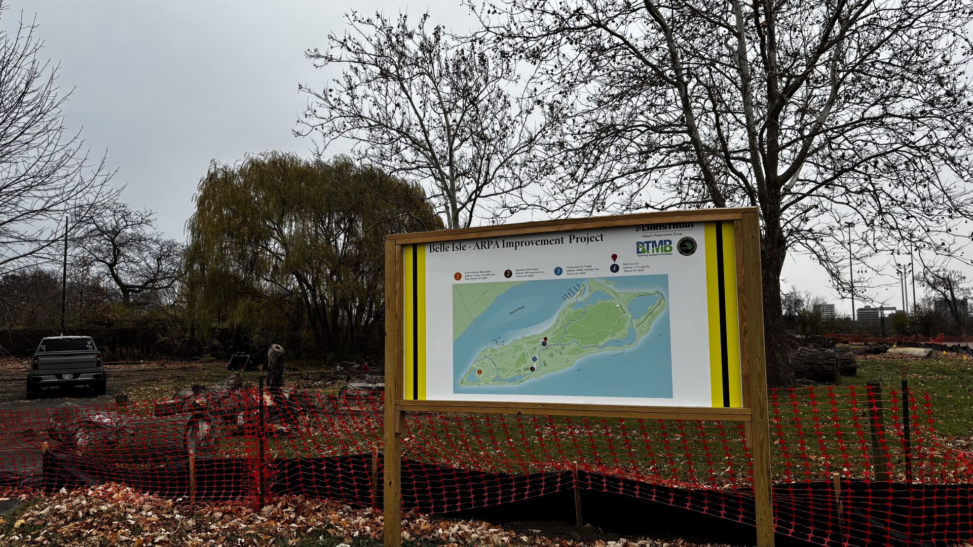 A sign describing ARPA-funded improvements at Belle Isle at the park's zoo site.