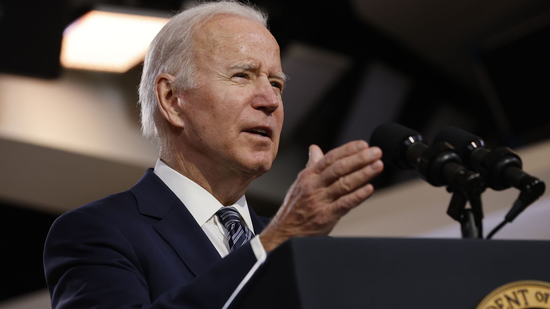 U.S. President Joe Biden delivers closing remarks for the White House's virtual Summit For Democracy in the Eisenhower Executive Office Building on December 10, 2021