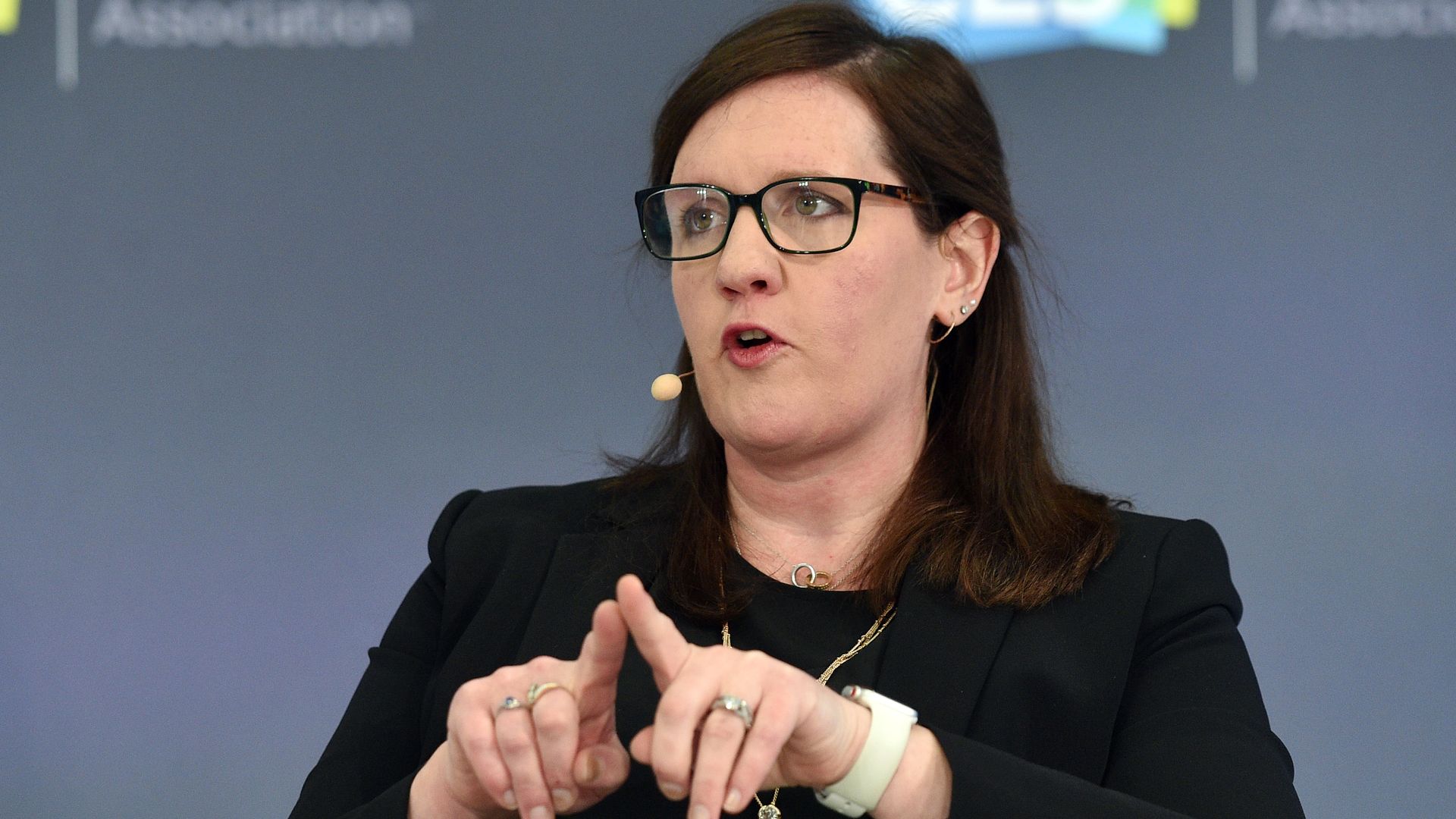 A photo of Rebecca Kelly Slaughter speaking at CES in 2020.