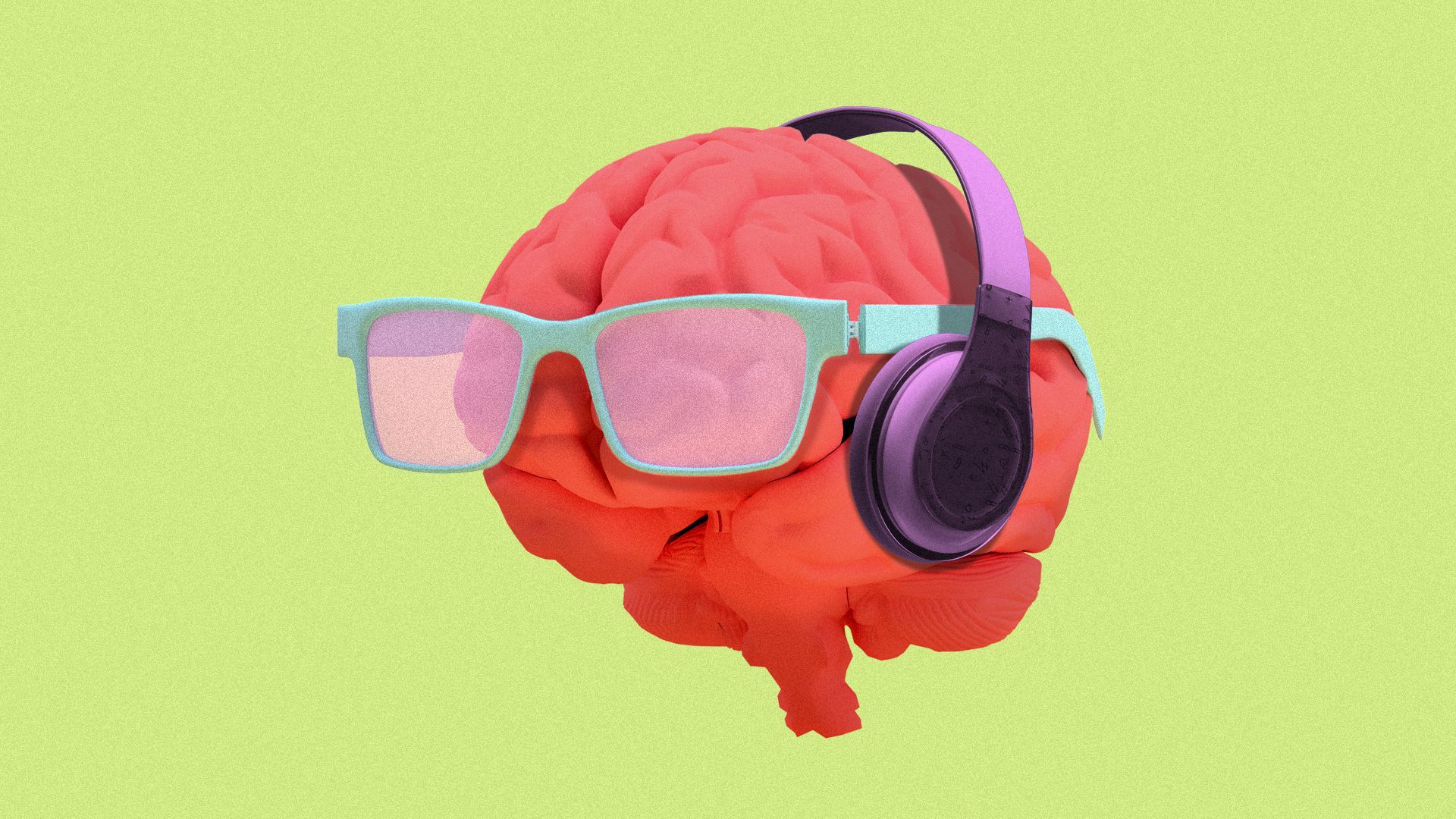 Illustration of a brain with glasses and headphones.