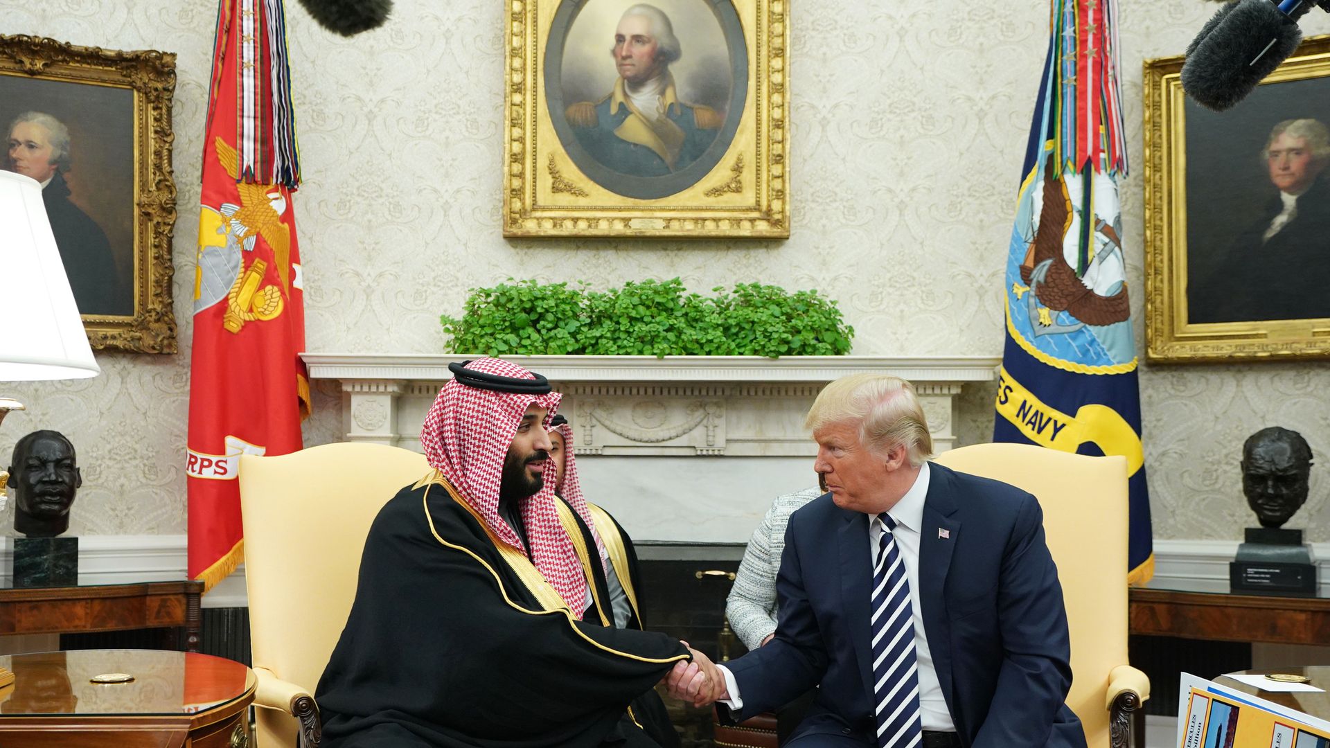 In this image, the Saudi crown prince shakes hands with President Trump in the Oval Office.