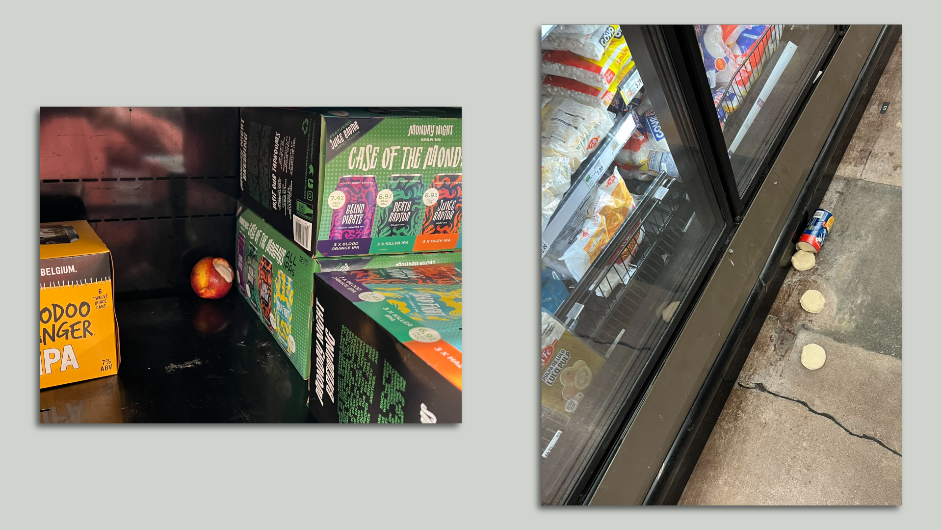 photos showing a partially eaten fruit on a shelf and raw biscuit dough on the floor at an Atlanta Kroger.
