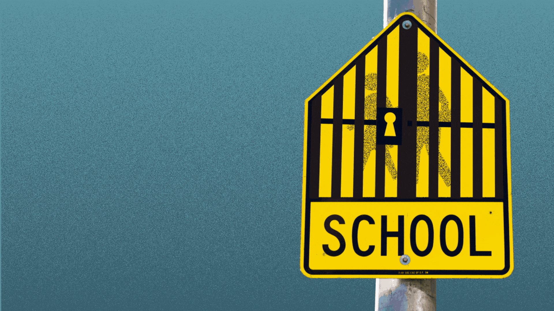 Illustration of a school zone sign with opening jail doors over it. 