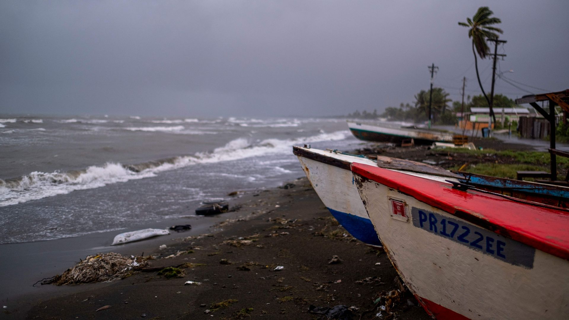 View of boats docked on a beach with a cloudy sky overhead, and palm trees waving in the wind