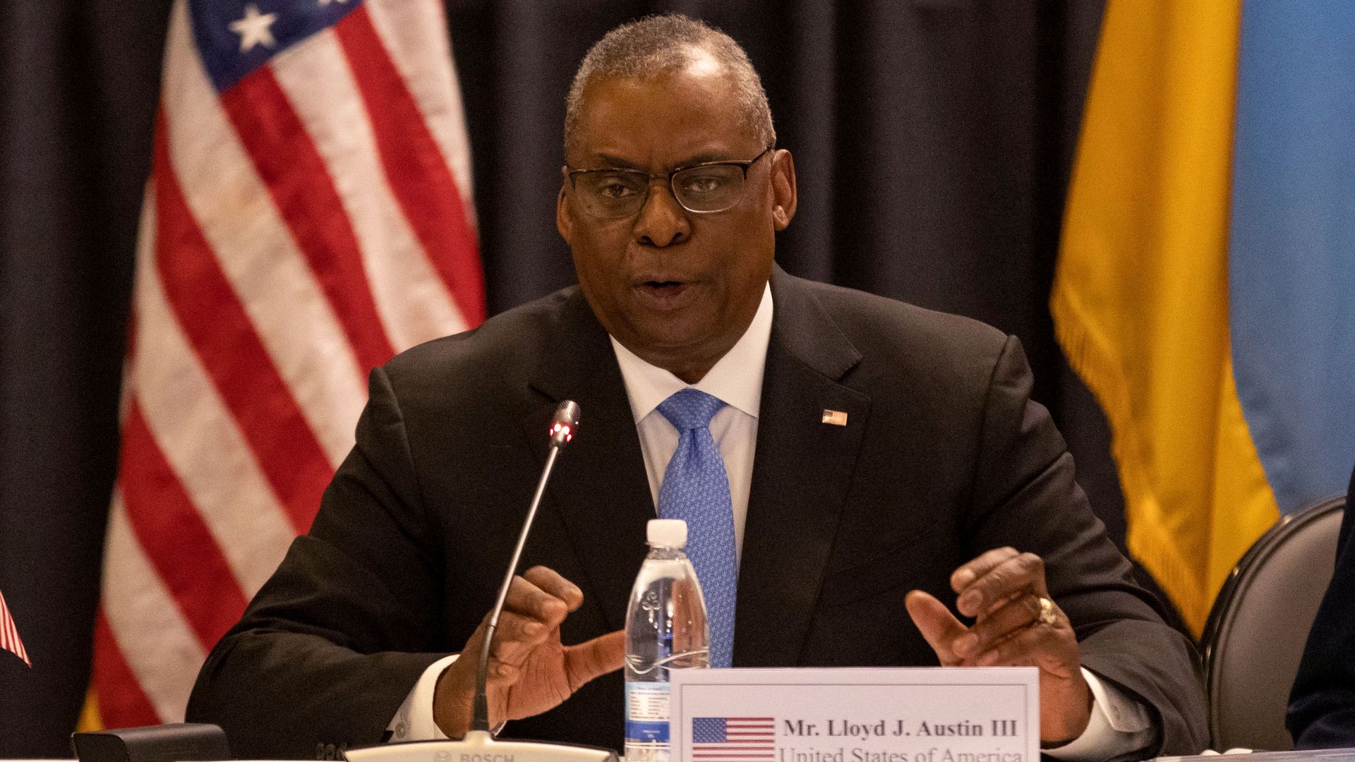 U.S. Secretary of Defense Lloyd Austin speaking during a meeting with defense leaders at Ramstein Air Base on April 26.