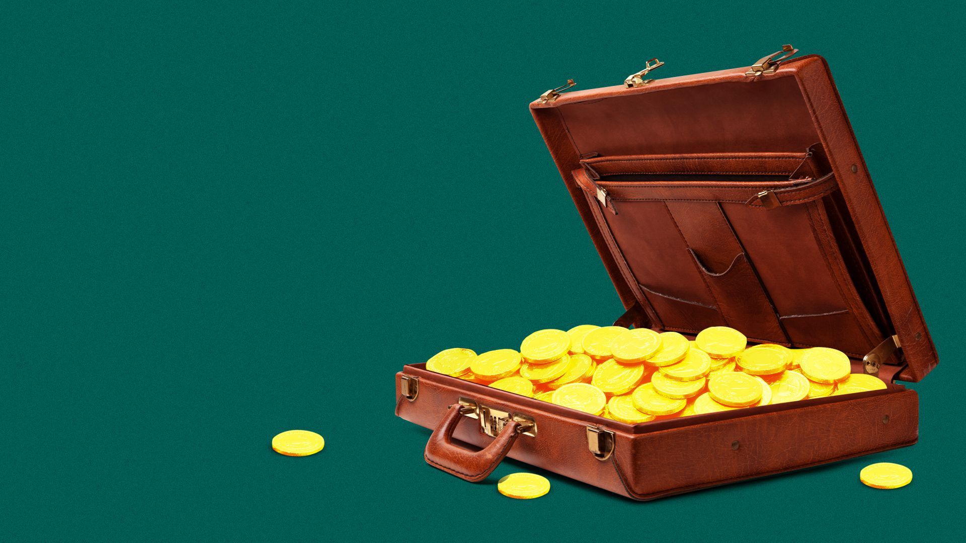 An illustration of an open briefcase with digital coins pouring out.