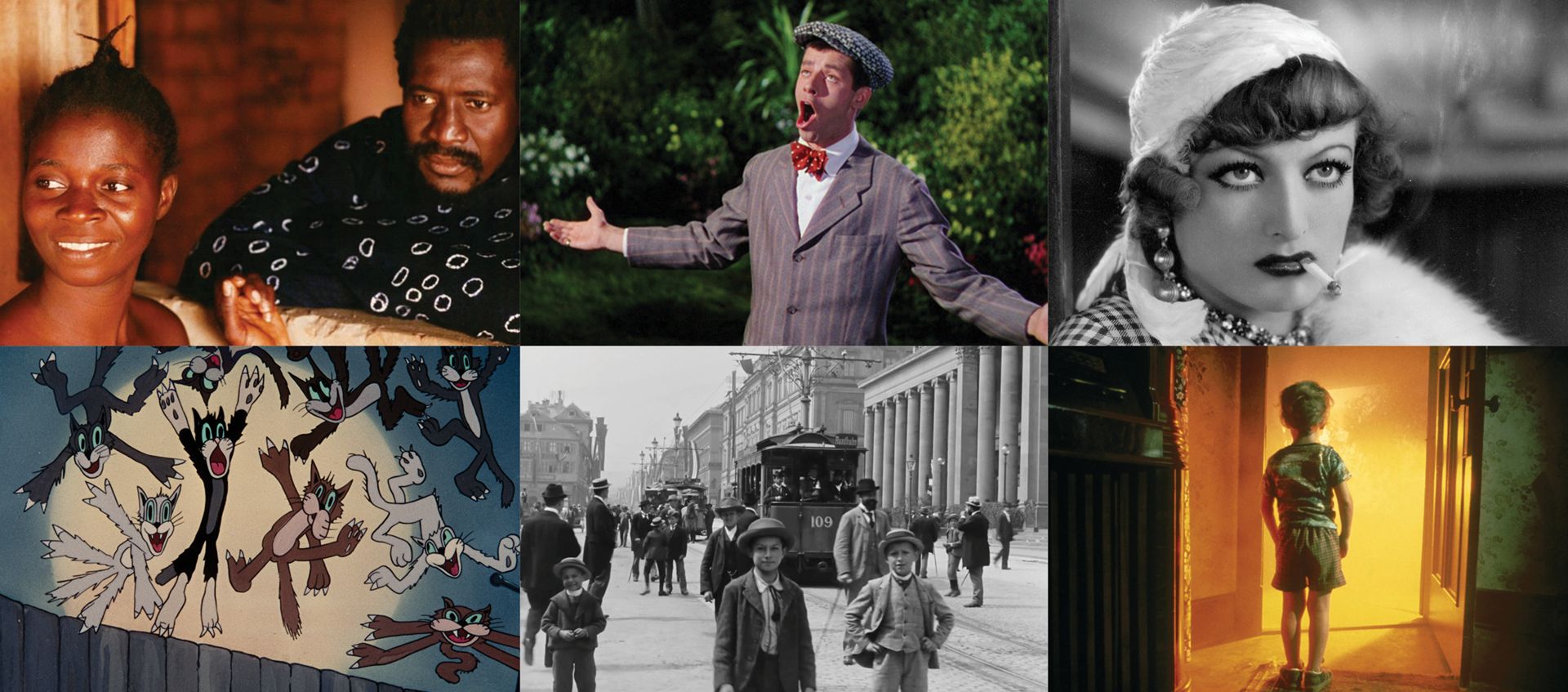 Collage of six images: smiling African couple, man in striped suit and cap singing outdoors, black-and-white portrait of woman with cigarette, animated cats jumping, vintage street scene with boys and tram, child standing in glowing doorway.