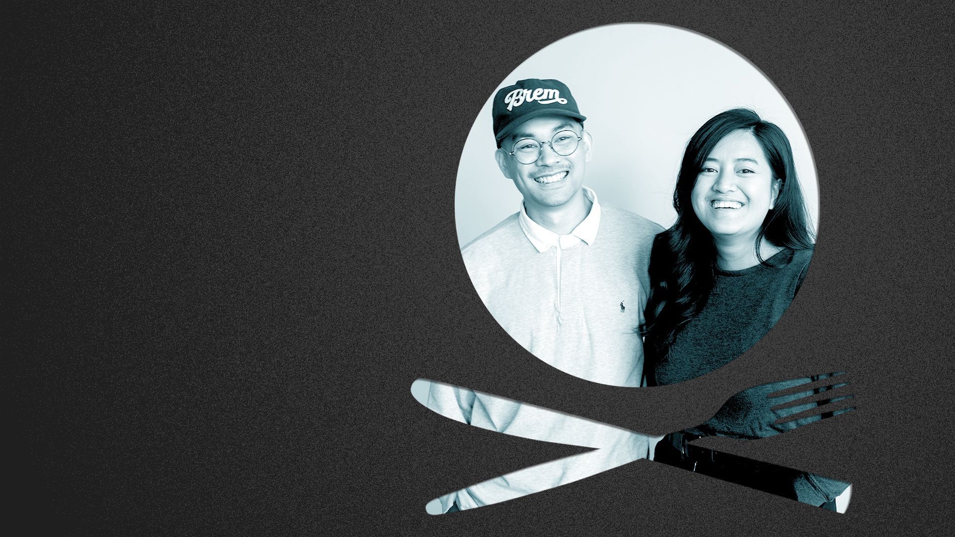 Photo illustration of a place setting shaped like a skull and crossbones containing a photo of Ethan and Geri Leung.
