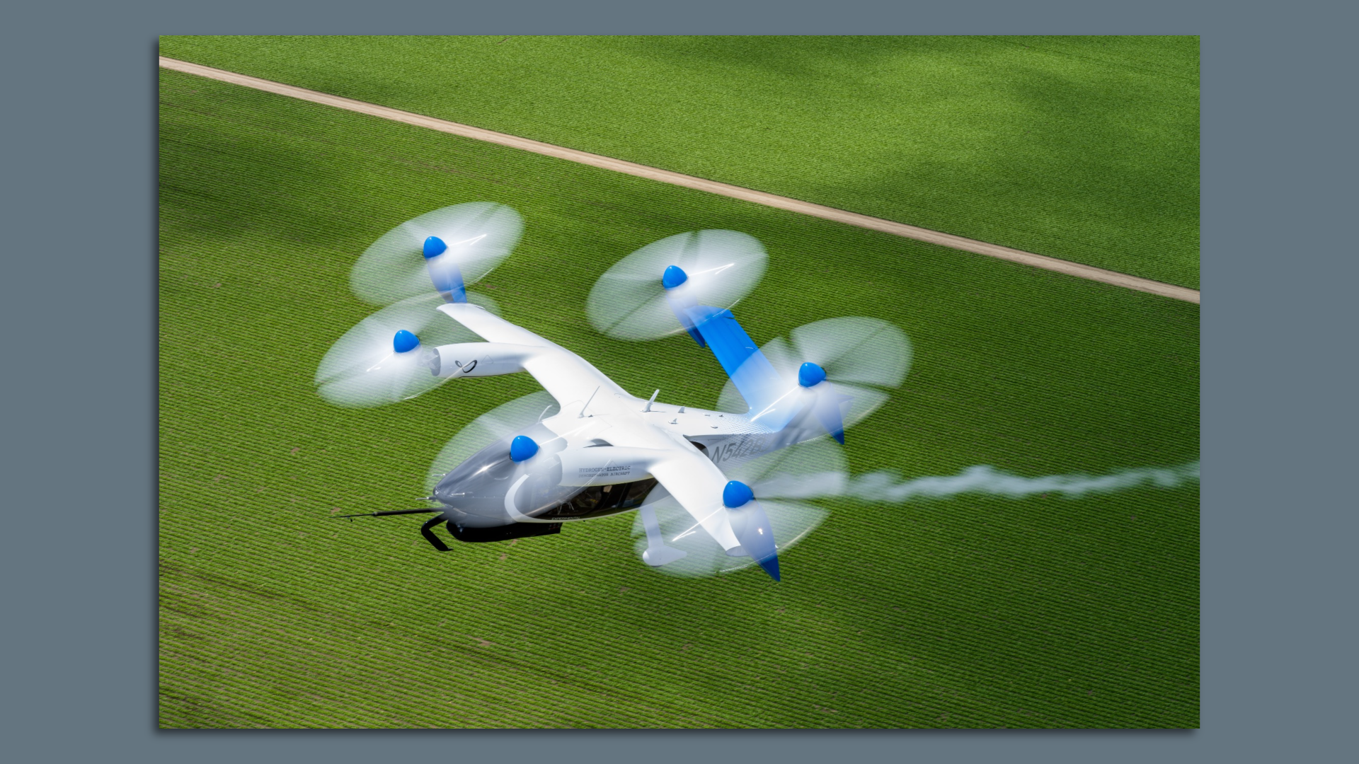 Water vapor is the only emission from a demonstration flight of a hydrogen fuel cell version of Joby's vertical takeoff and landing aircraft. Photo courtesy of Joby.