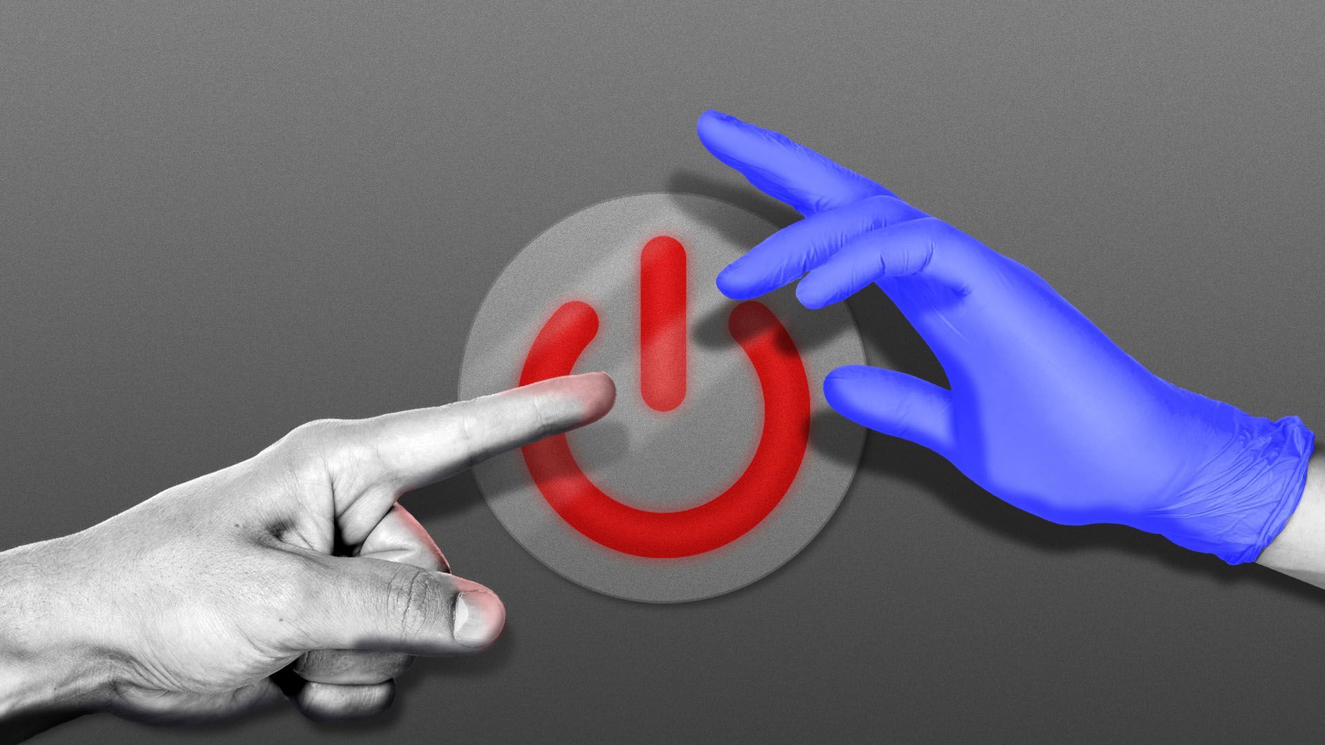 Illustration of a power button with one hand trying to push it and one hand in a medical glove trying to stop it