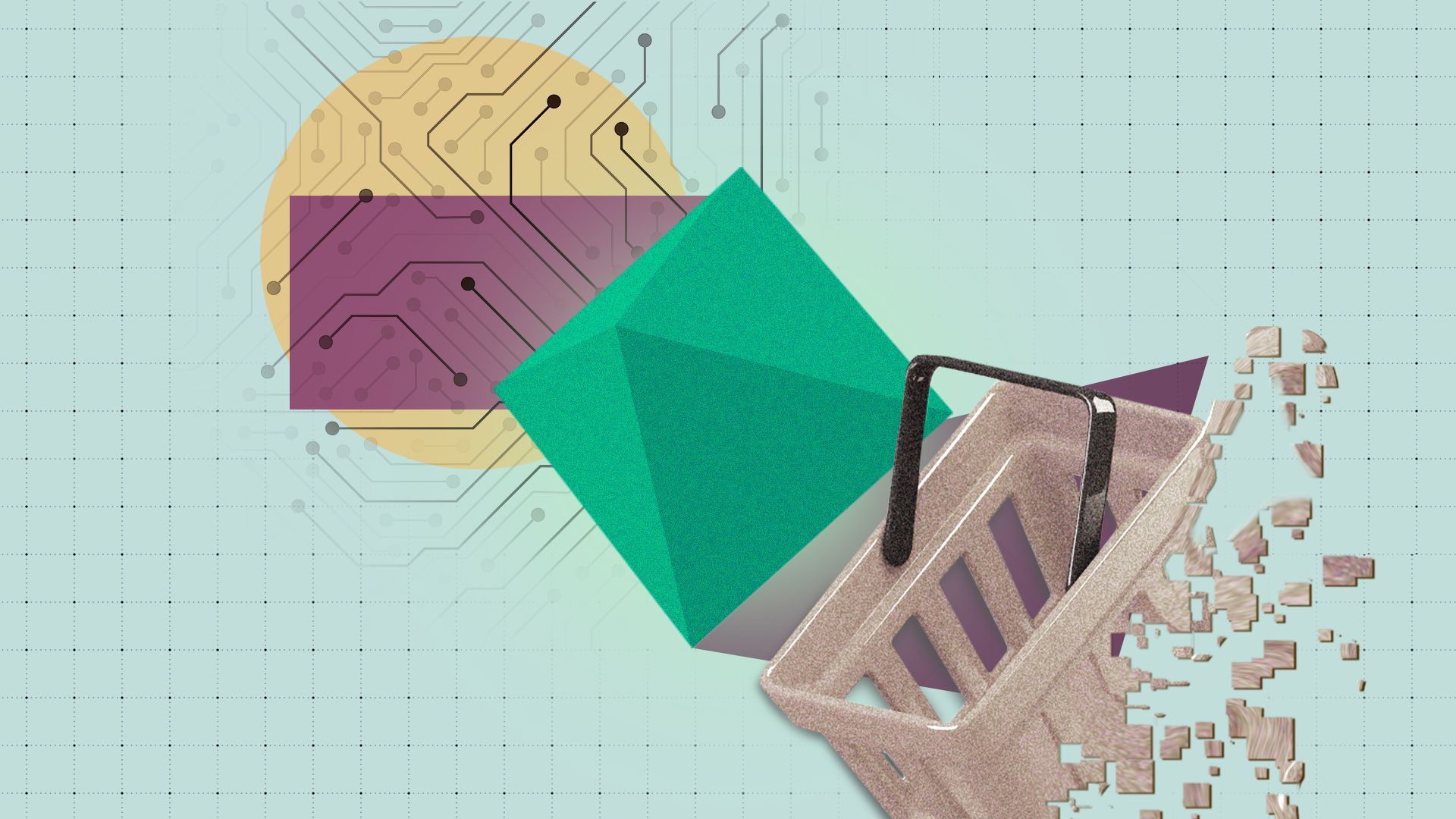 Illustration of a glowing three dimensional diamond shape, a shopping basket becoming pixels, digital infrastructure, and assorted shapes on a grid.