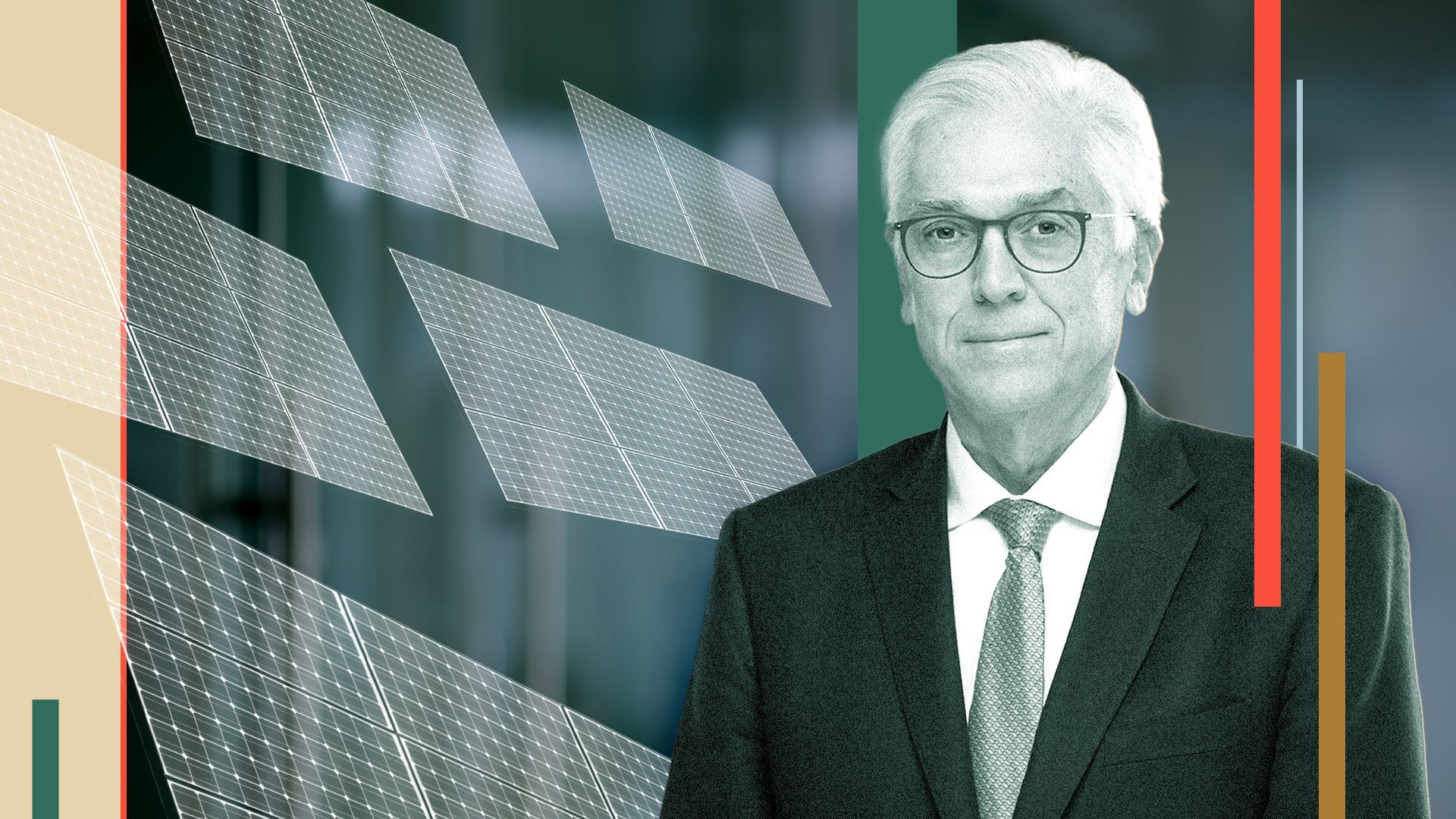 Photo illustration of Andres Gluski with abstract patterns of solar panels.