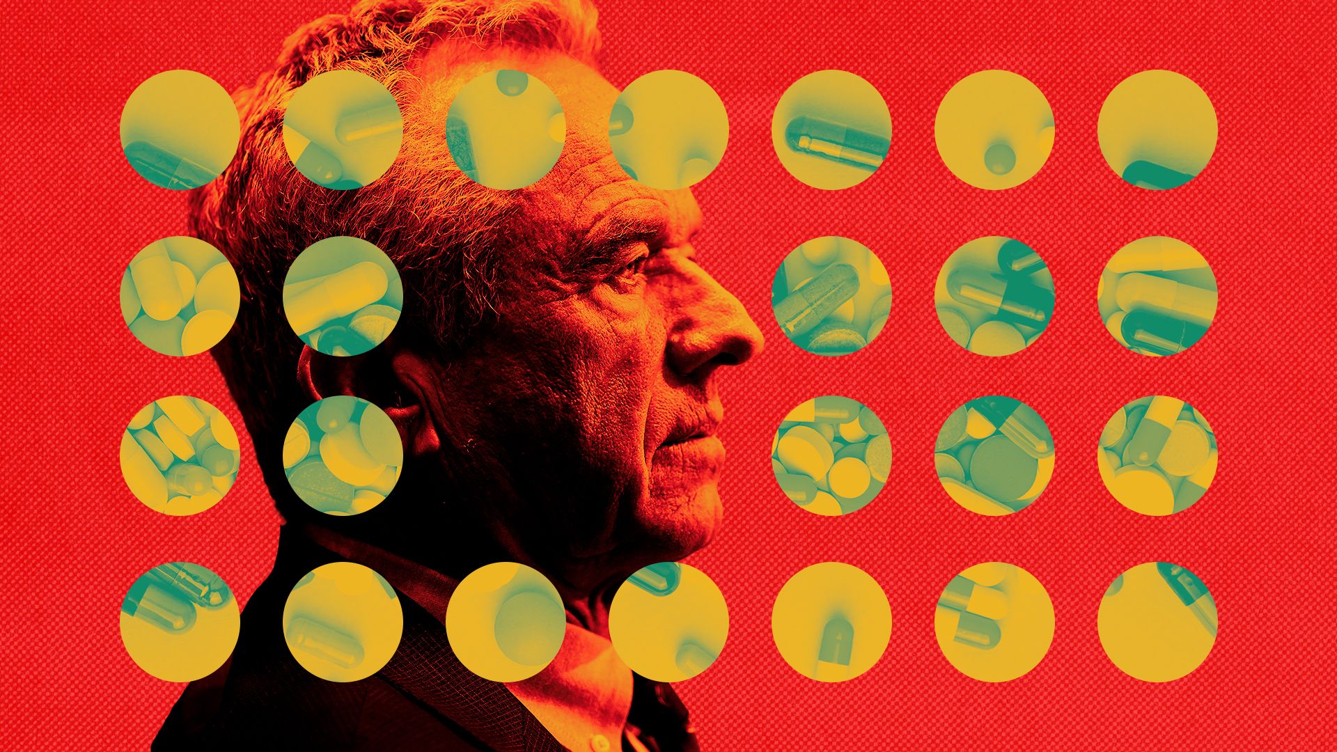 Photo illustration of Robert Kennedy Jr. collaged with images of pills.