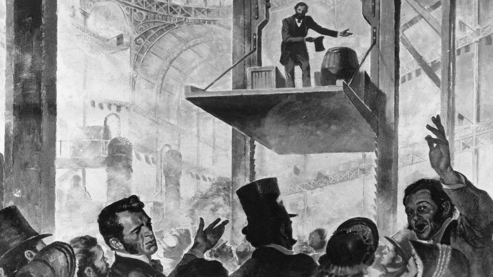 Image of Elisha Graves Otis showing his first elevator in the Crystal Palace, New York City, 1853.