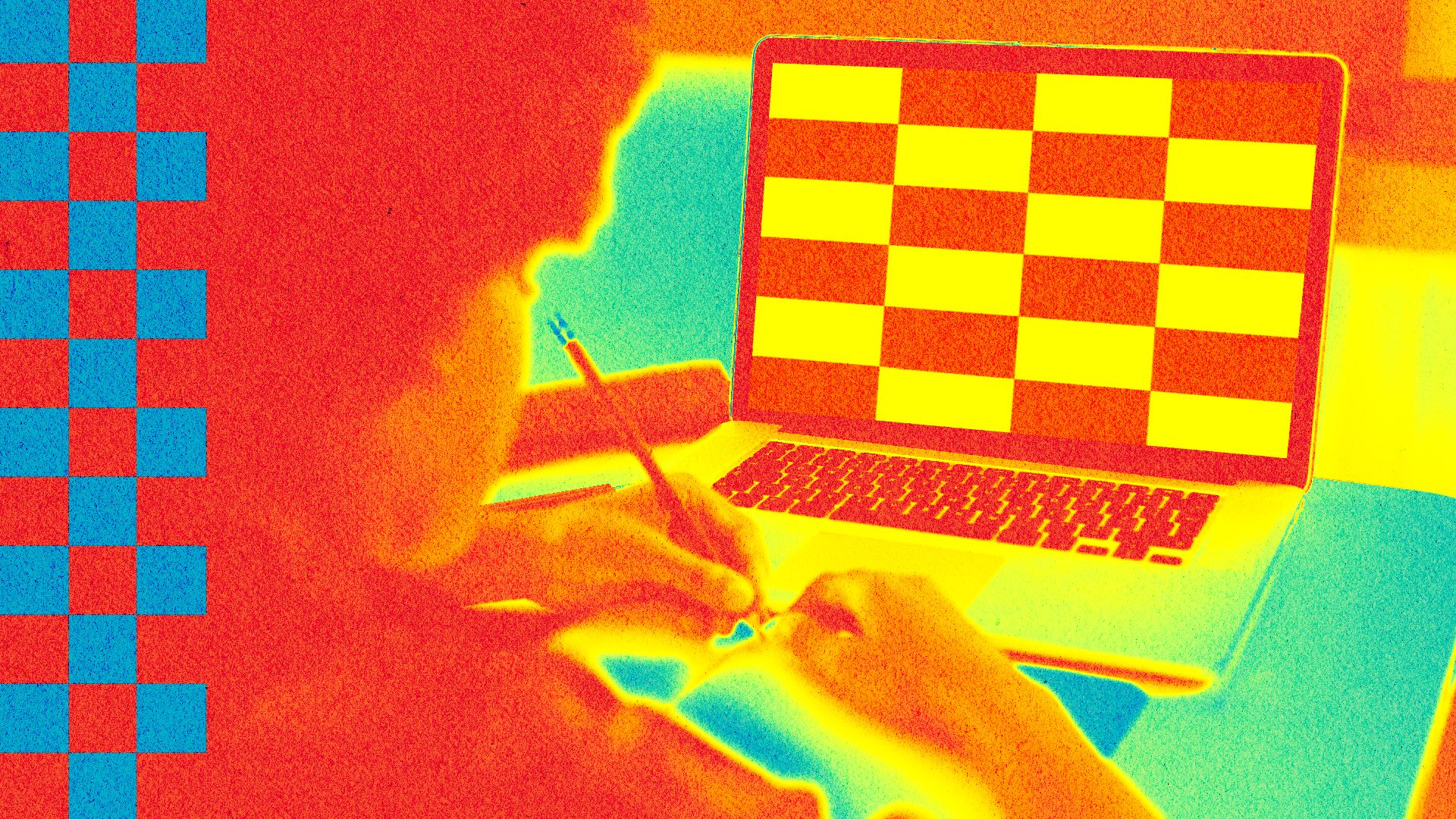 Illustration of a student doing homework while looking at a computer, with checkered shapes.