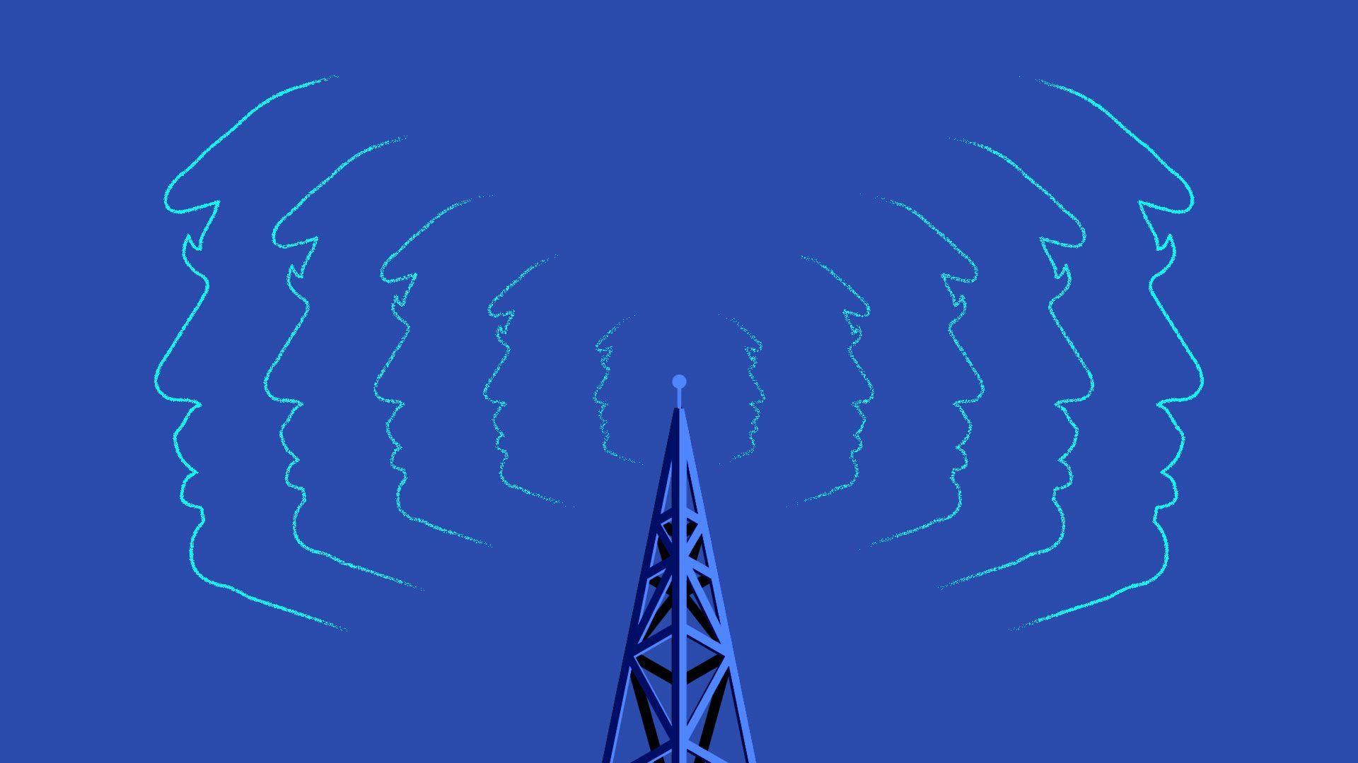 An illustration of a cellular tower with waves radiating in the outline of President Trump's face