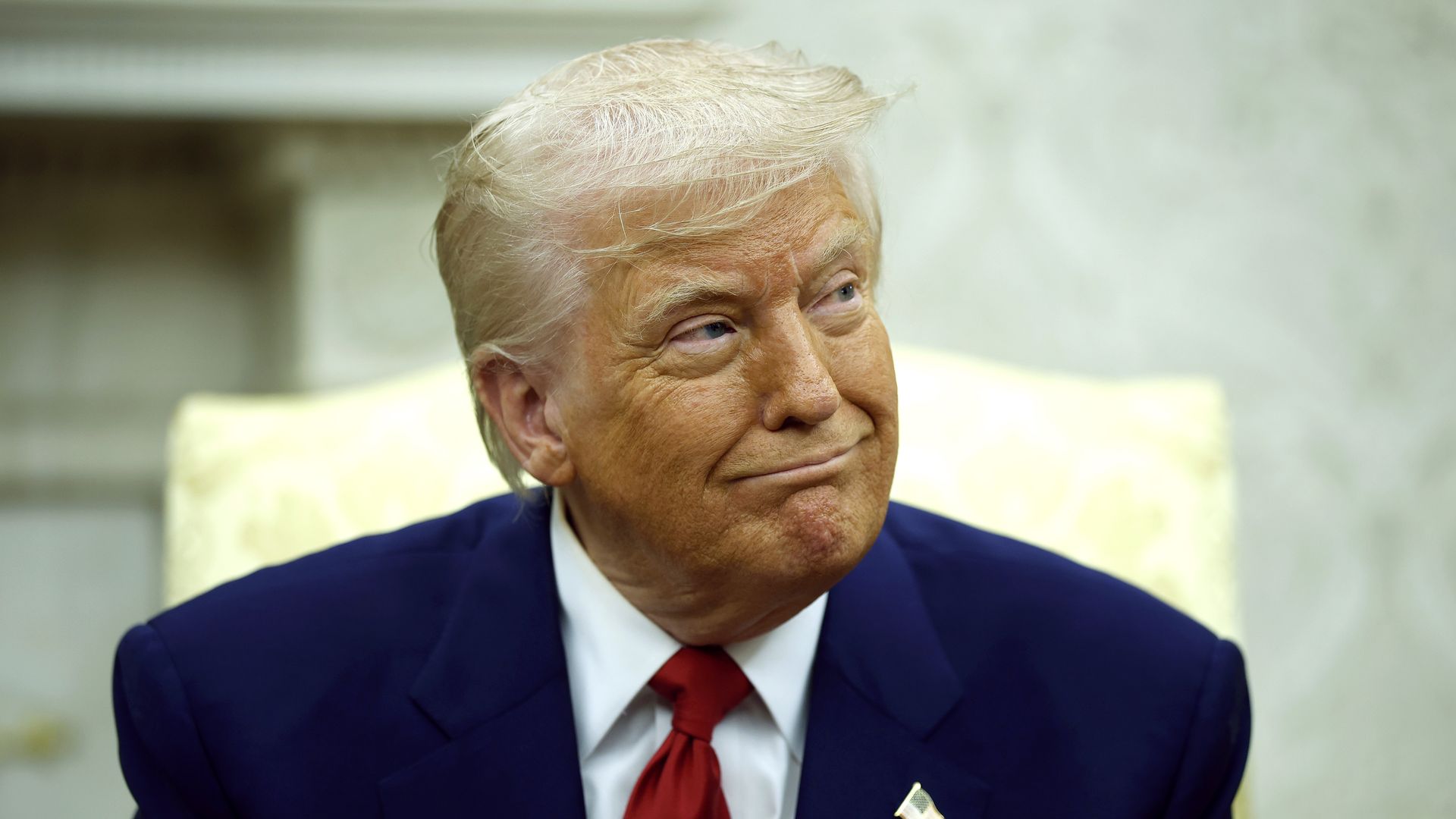 President Donald Trump answers a reporters question during a meeting with Israeli Prime Minister Benjamin in the Oval Office of the White House on April 7, 2025 in Washington, DC. President Trump is meeting with Netanyahu to discuss ongoing efforts to release Israeli hostages from Gaza and newly imp