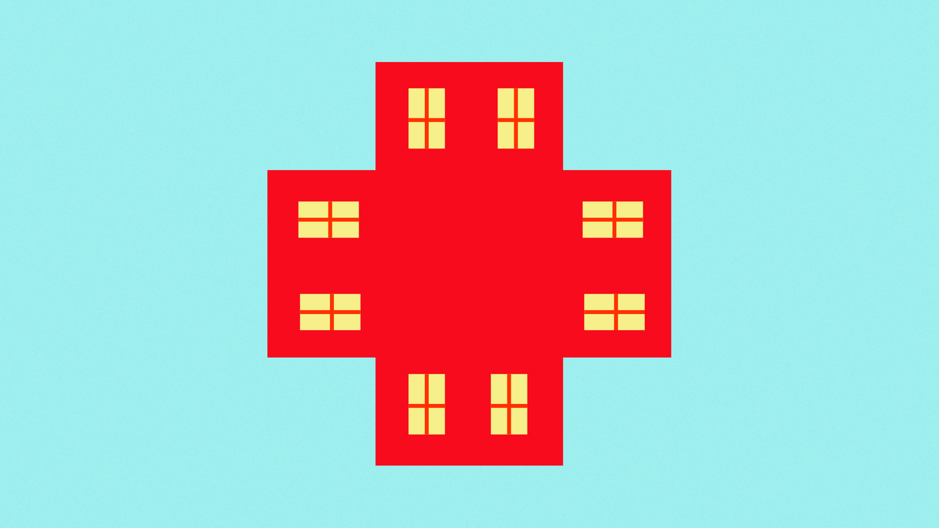  Illustration of a red cross made out of apartment buildings with windows.