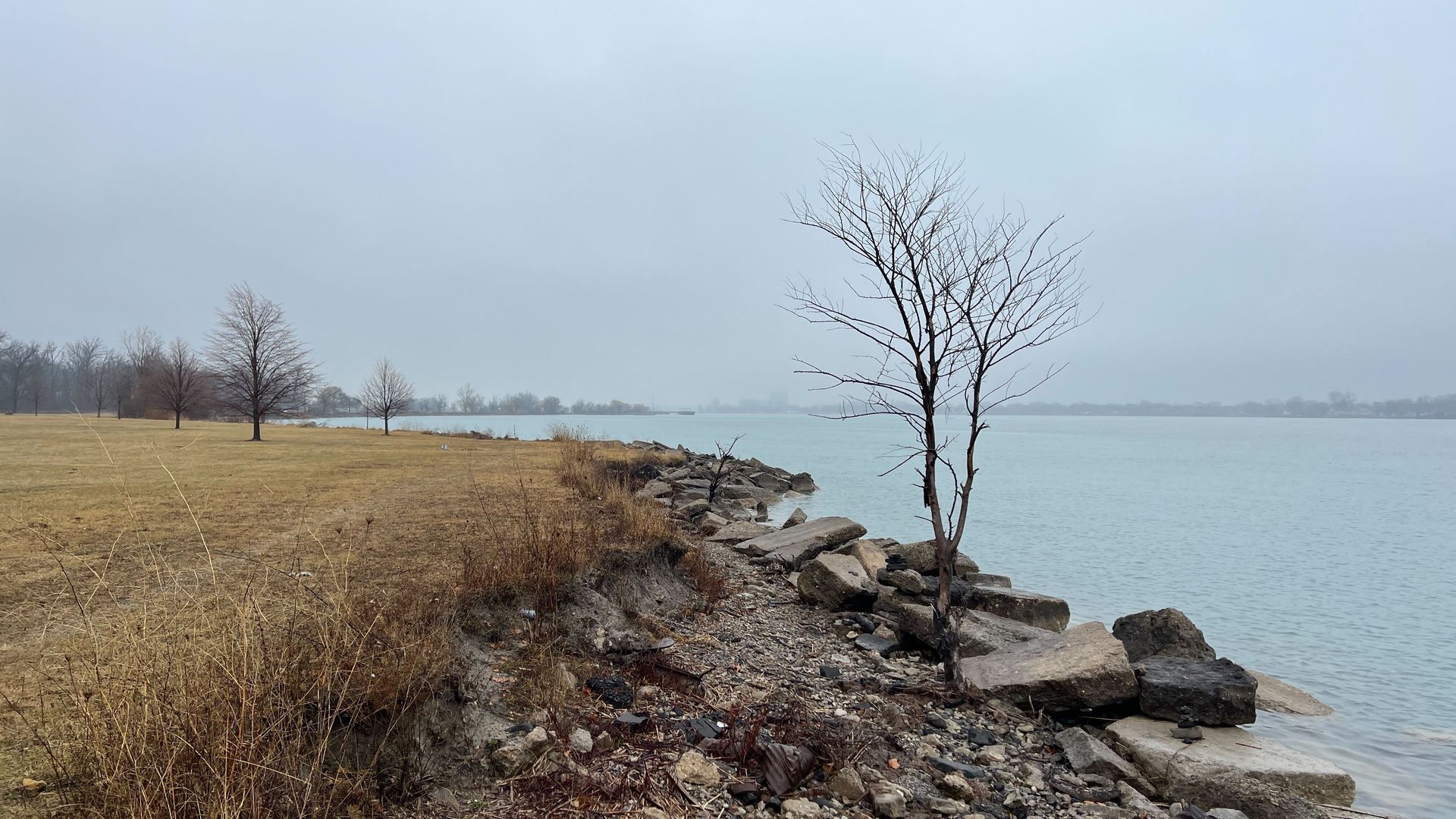 The rocky shore along the south side of Belle Isle