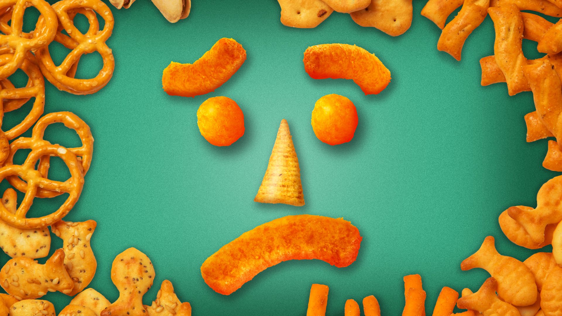 Illustration of a concerned face made out of snacks