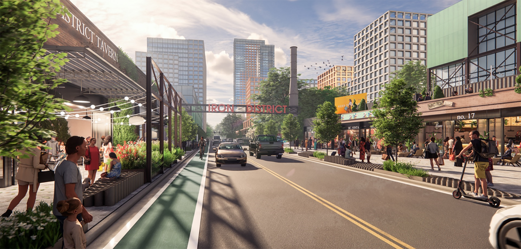 Iron District rendering of street with buildings in background