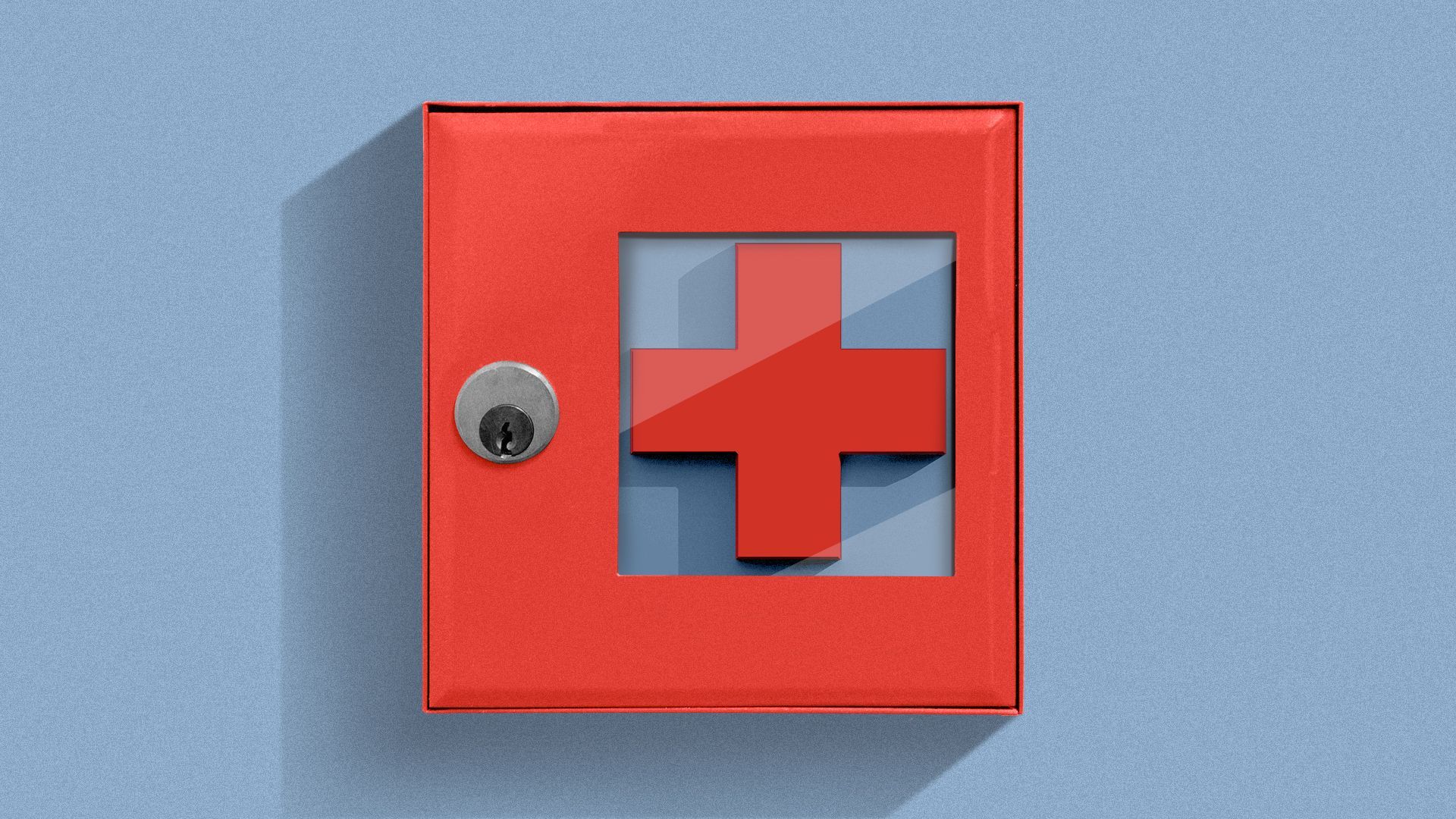 Illustration of glass lockbox with red cross inside.
