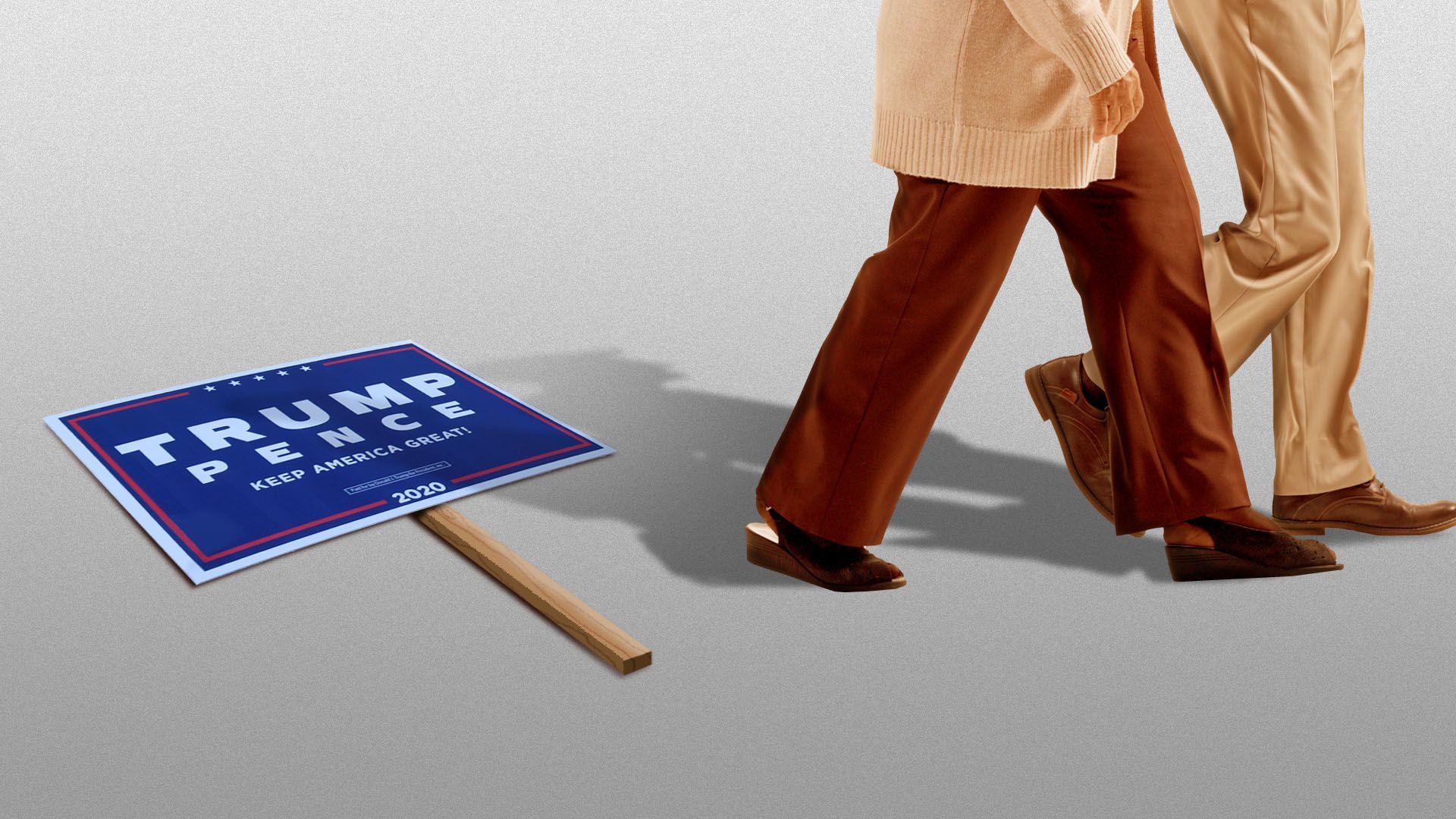 Illustration of two elderly people walking away from from a Trump 2020 sign