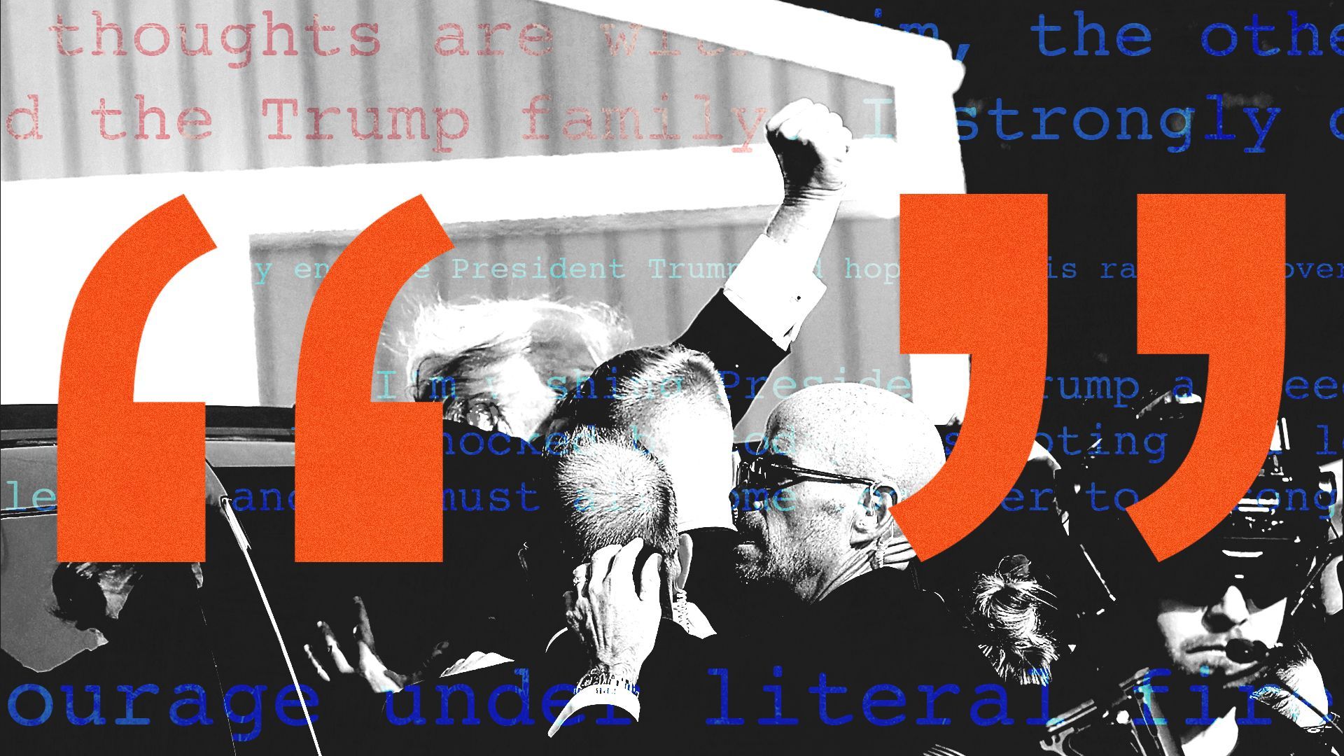 Photo illustration of former President Donald Trump with his fist in the air overlayed by text quotes from various ceos and large quotation marks