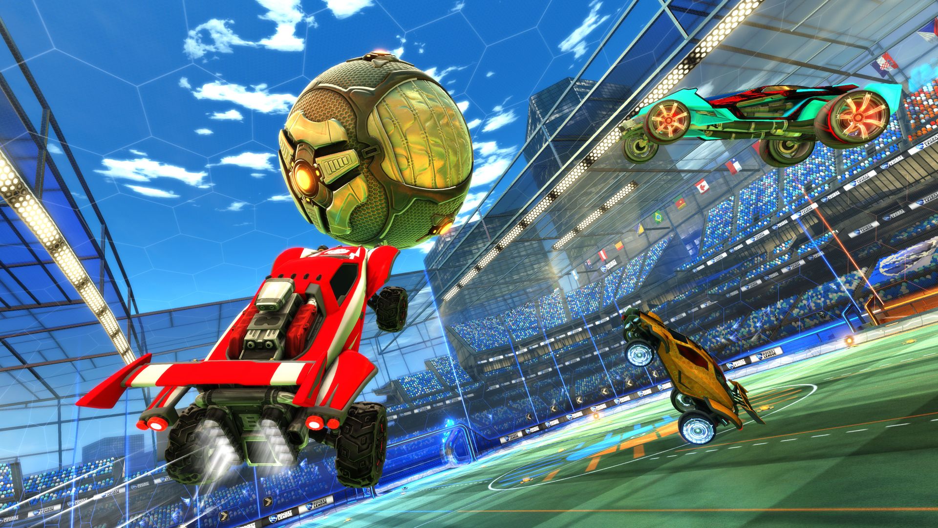 A screenshot from Rocket League of a red car bouncing a ball.