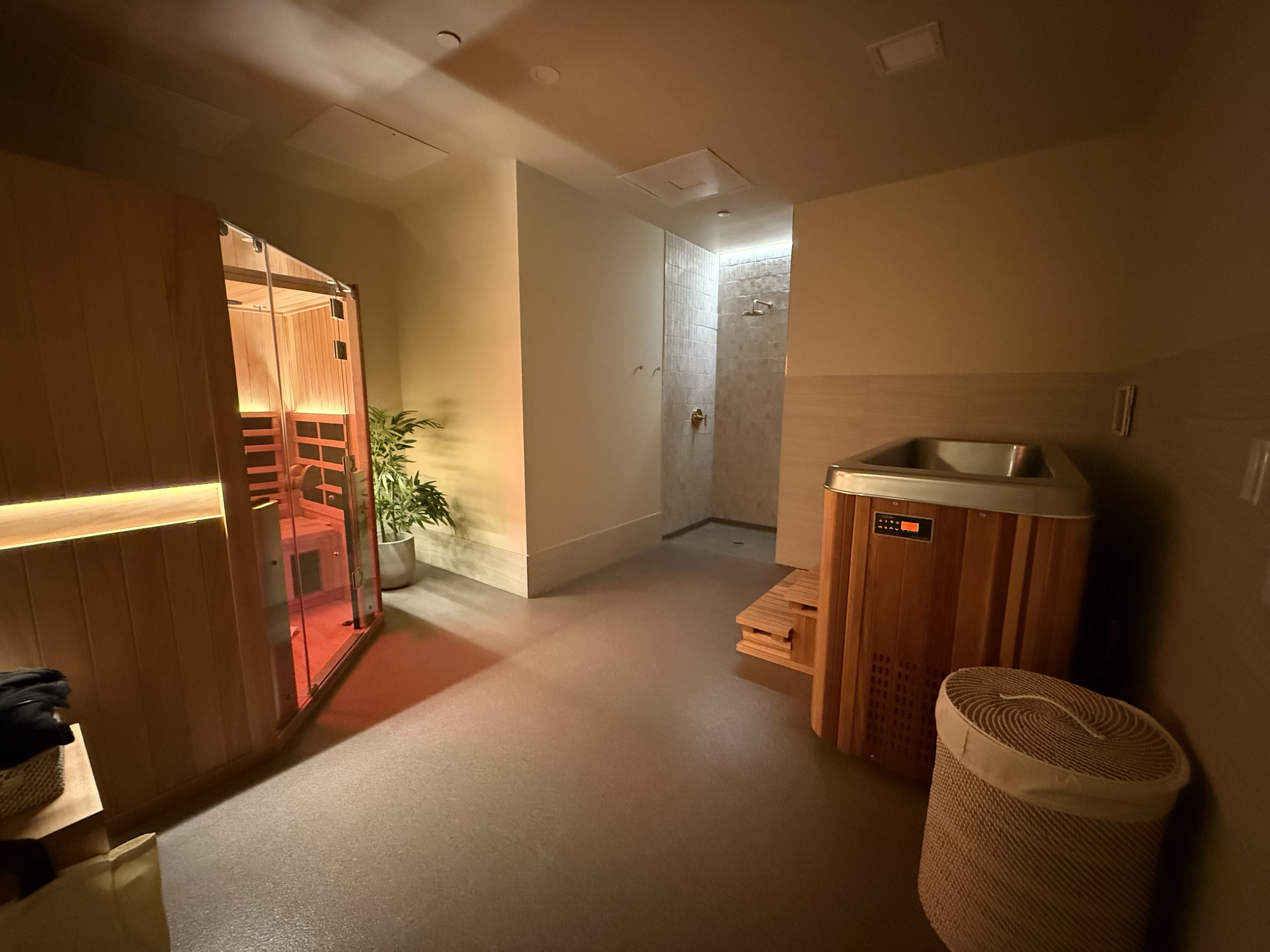 Warmly lit spa room with a wooden sauna on the left, a small plant, a beige shower area in the back, a wooden hot tub on the right, and a round woven laundry basket nearby.